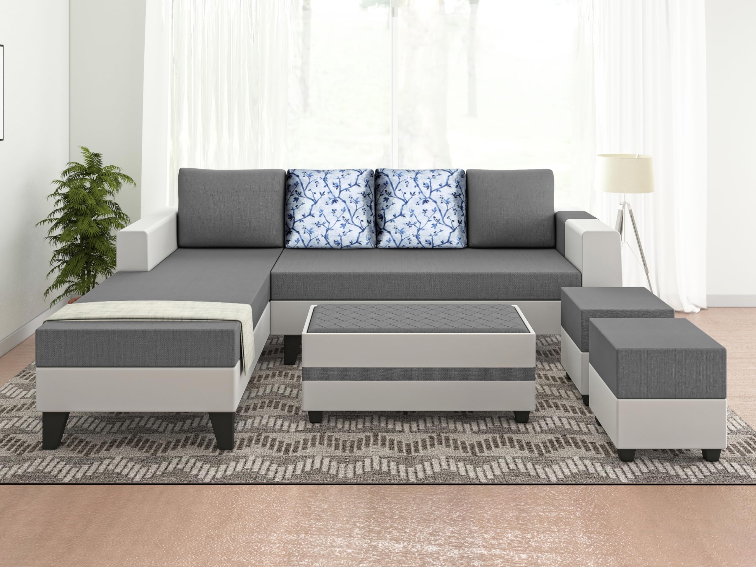 Adorn India Ashley Digitel Print Leatherette Fabric L Shape 8 Seater Sofa Set with 2 Ottoman Puffy & Center Table LHS (Grey & White) (3 Year Warranty)
