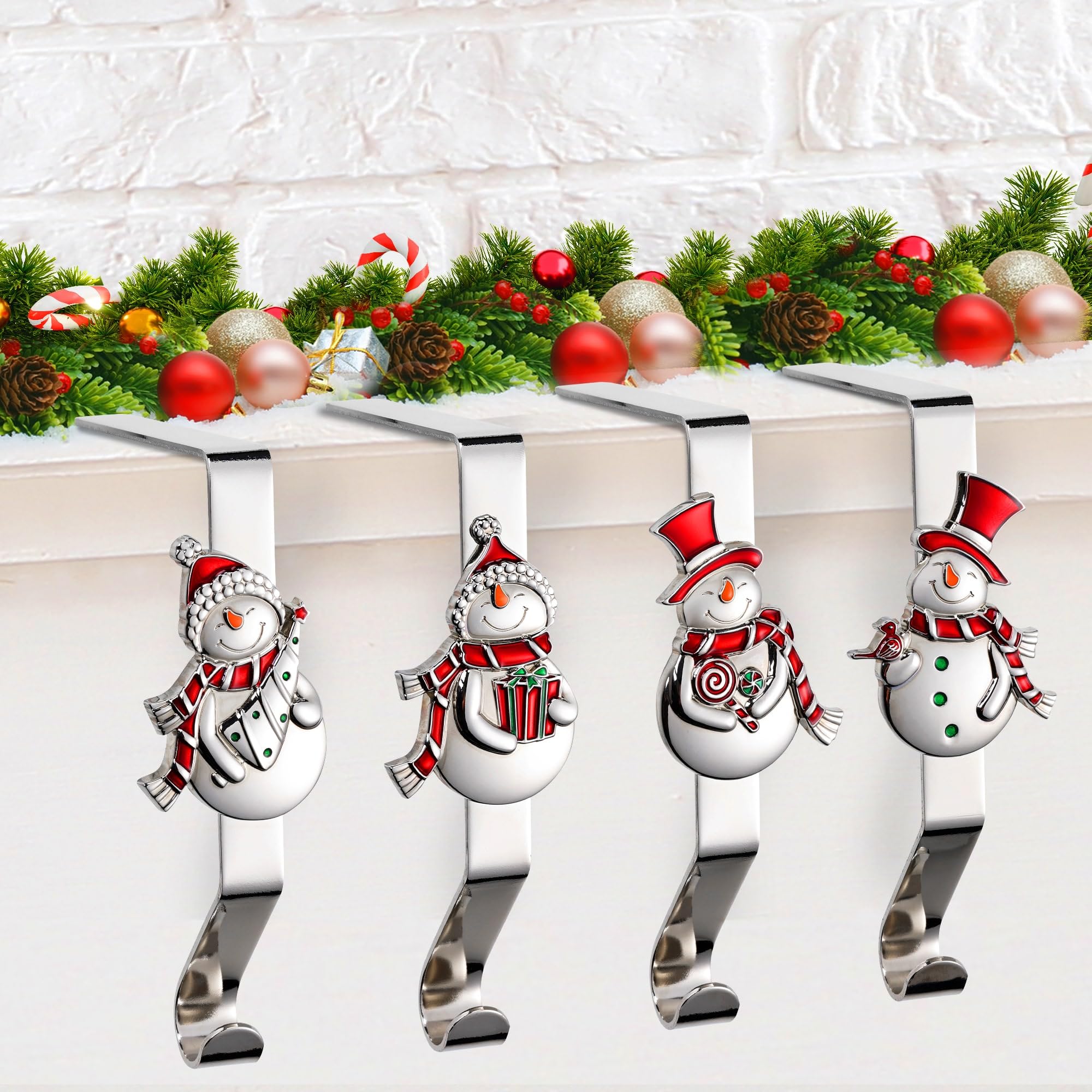 Helajoy Christmas Stocking Holders for Mantle Set 4, Snowman Stocking Holder Christmas Stocking Hangers for Mantel Stocking Holder, Stocking Hooks for Mantle Stocking Holders Silver Stocking Holder