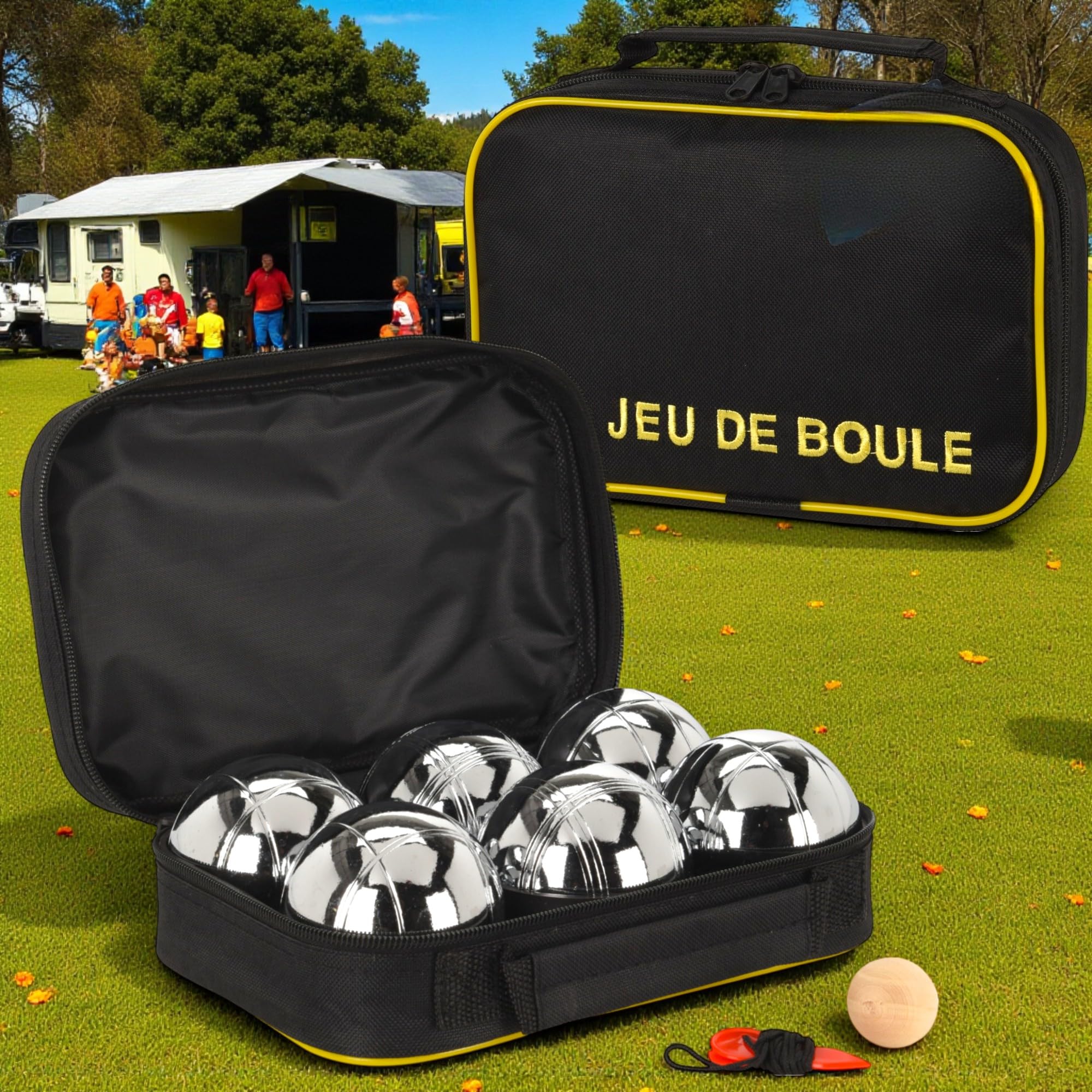 MIJOMA Jeu de Boules zestaw z torbą – 6 metalowych bombek Ø 70 mm po 700 g – Boccia kula z piłką celowniczą i taśmą mierniczą – zestaw boule do ogrodu, na kemping i plażę