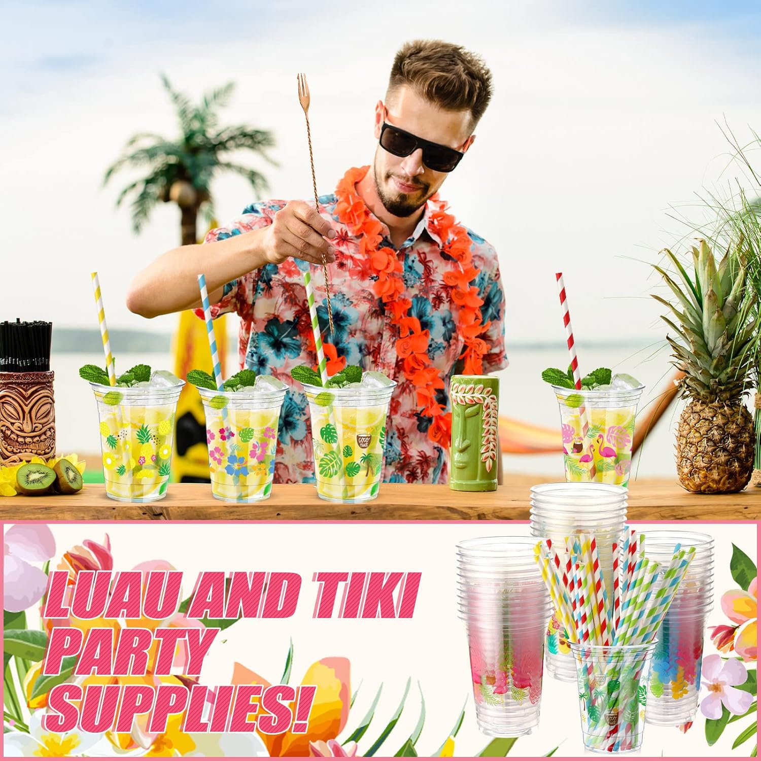 Tanlade 100 Pcs 16 oz Hawaiian Luau Cups Luau Party Decoration Disposable Plastic Tropical Pineapple Coconut Cups for Beach Summer Birthday Bachelorette Margarita Drinkware