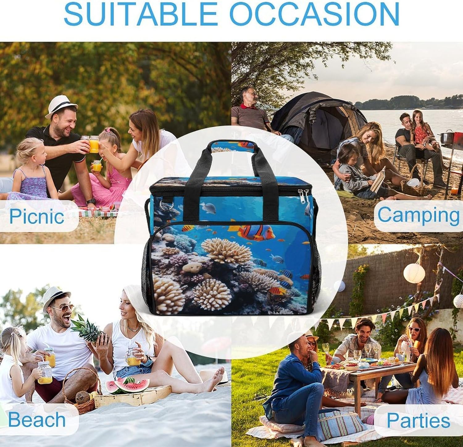Ocean Tropical Fish Coral Lunch Box Large Capacity Insulated Cooler Bag Lightweight Portable Ice Chest Box Waterproof Collapsible Ice Chest Travel Cooler for Camping Dinner Party