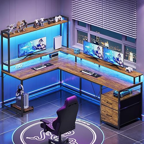 Miniatura 2 de SEDETA Escritorio en forma de L, escritorio de computadora de 94.4 pulgadas con cajón de archivos y estante para monitor para oficina en casa,