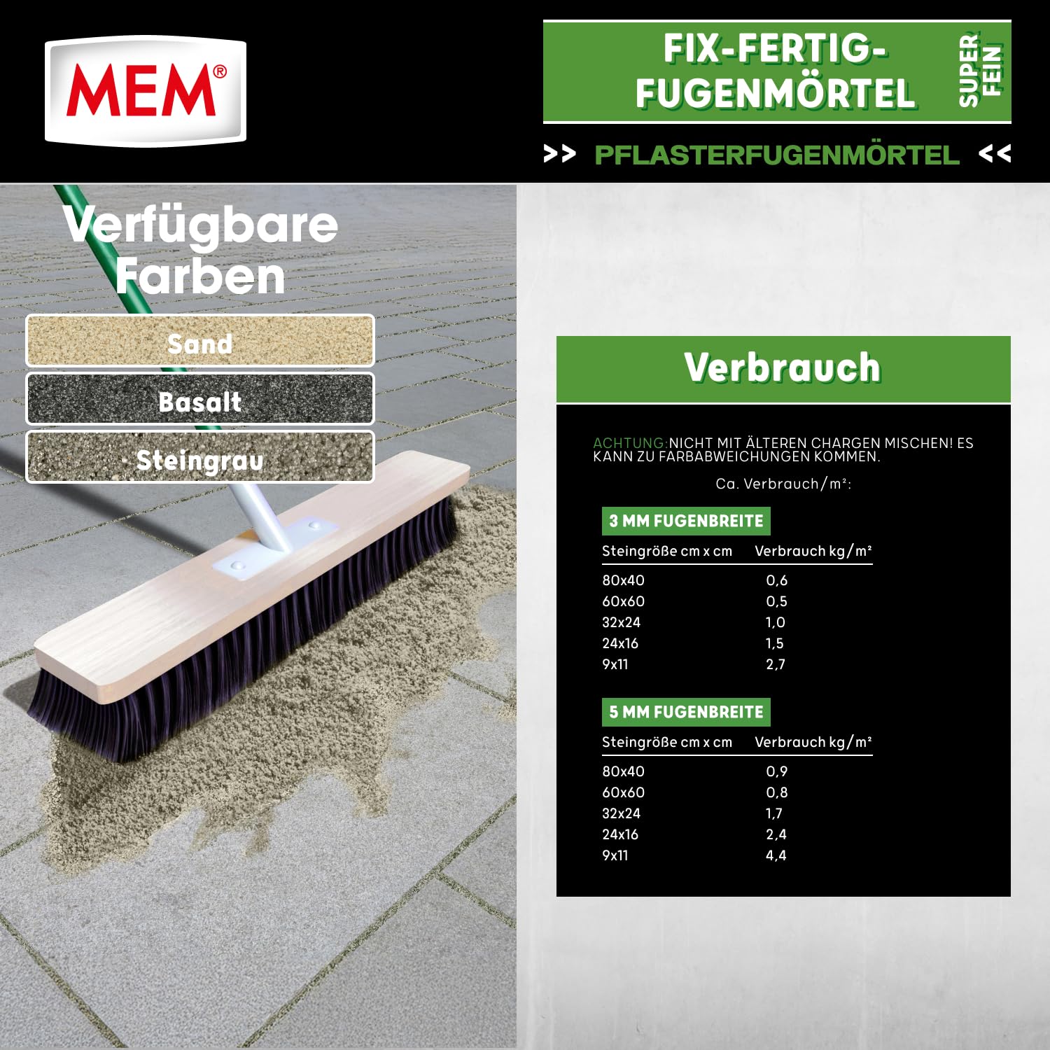 MEM Fix-Fertig-Fugenmörtel Fein Steingrau – 20 kg – Gebrauchsfertiger Pflasterfugenmörtel für Enge Fugen ab 3 mm – Frost- & Wetterbeständig – Für Naturstein, Beton, Klinker & Keramik