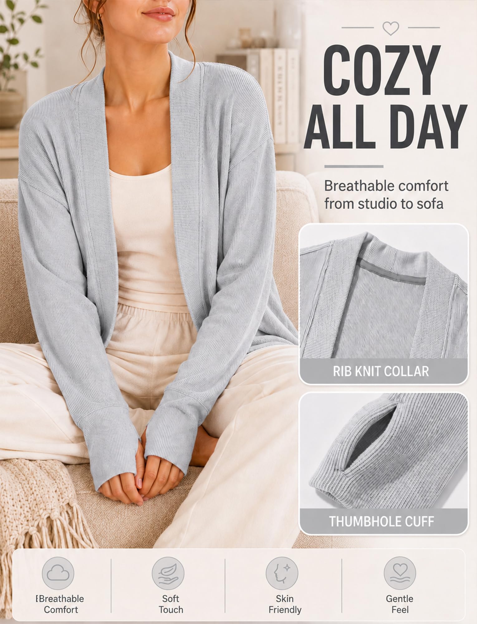 FEOYA Cardigan mit offener Vorderseite für Damen mit Daumenlöchern