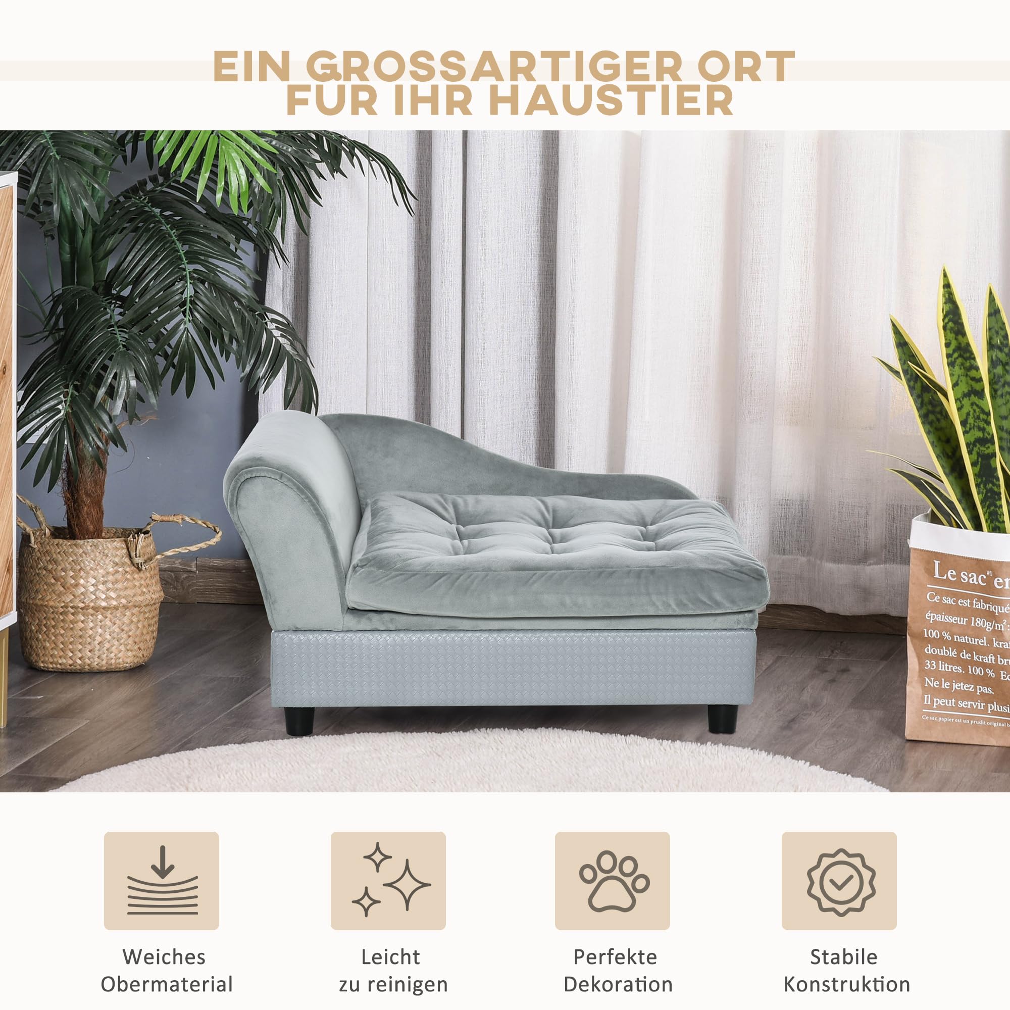 PawHut Hundesofa Hundebett Hundecouch aus Plüsch mit Lagerraum, Rückenlehne, Kissen Katzensofa für kleine Hunde 76 x 45 x 43 cm Hellgrau