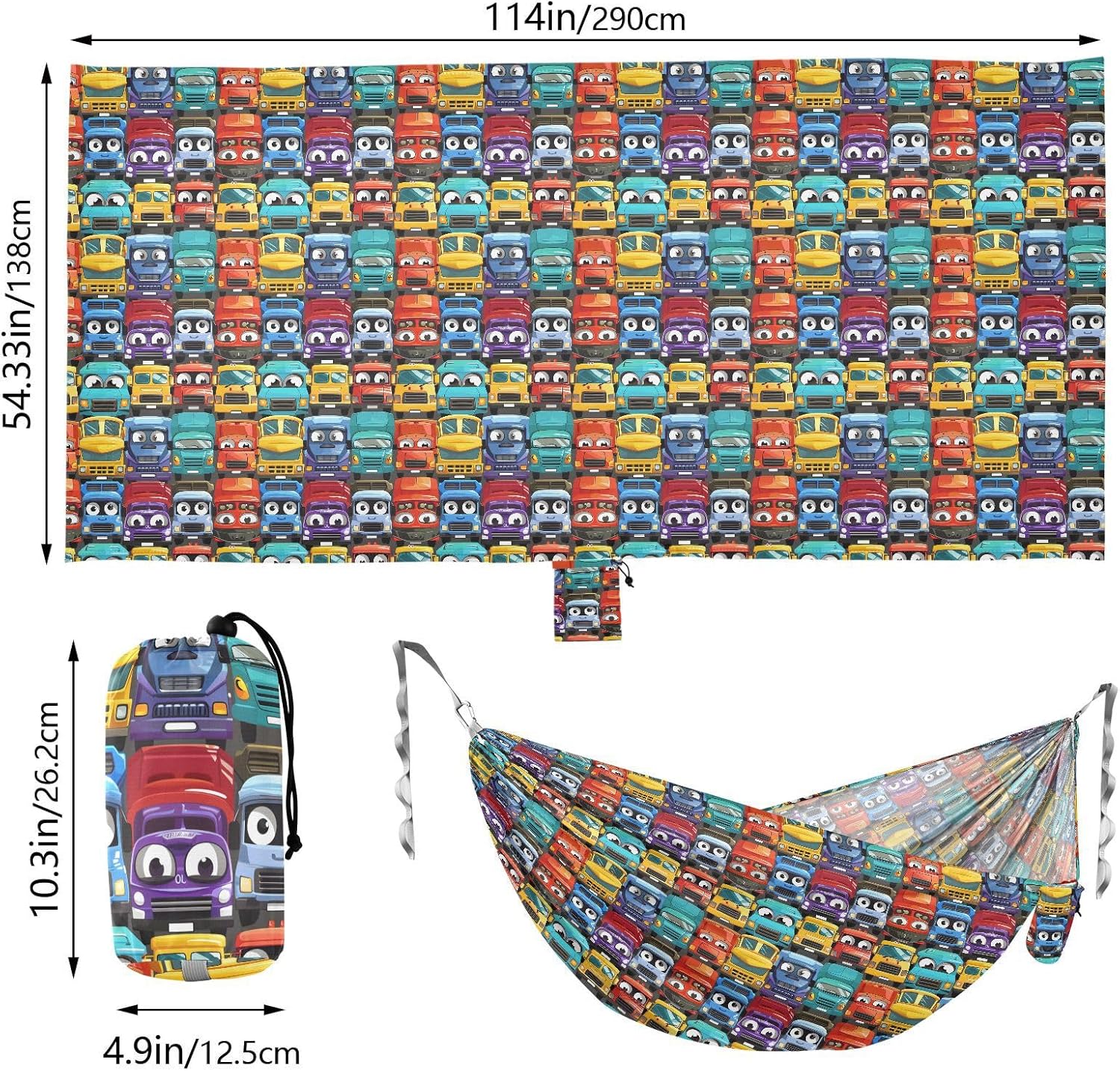 ALAZA Colorful Cartoon Trucks Camping Hammocks Single or 2 Person 500 lbs Portable Parachute Travel Hammock w/Tree Straps for Hiking Backpacking Indoor Outdoor