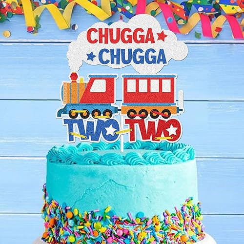 Miniatura 3 de Chugga Chugga Two Two 2 Train Happy Birthday Cake Topper 2, 2 años de edad, 2 cumpleaños, suministros de fiesta temática de ferrocarril para bebés,