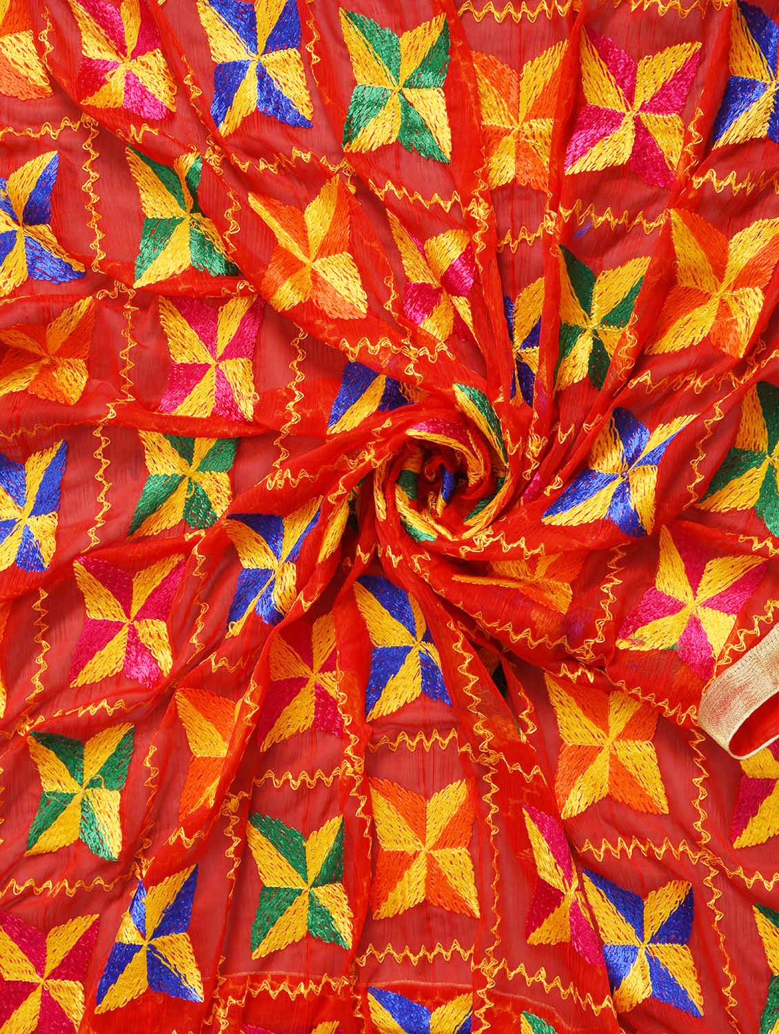 Weavers Villa Punjabi Hand Embroidery Phulkari Faux Chiffon Red Dupatta, Stoles, 2.25 Mtrs