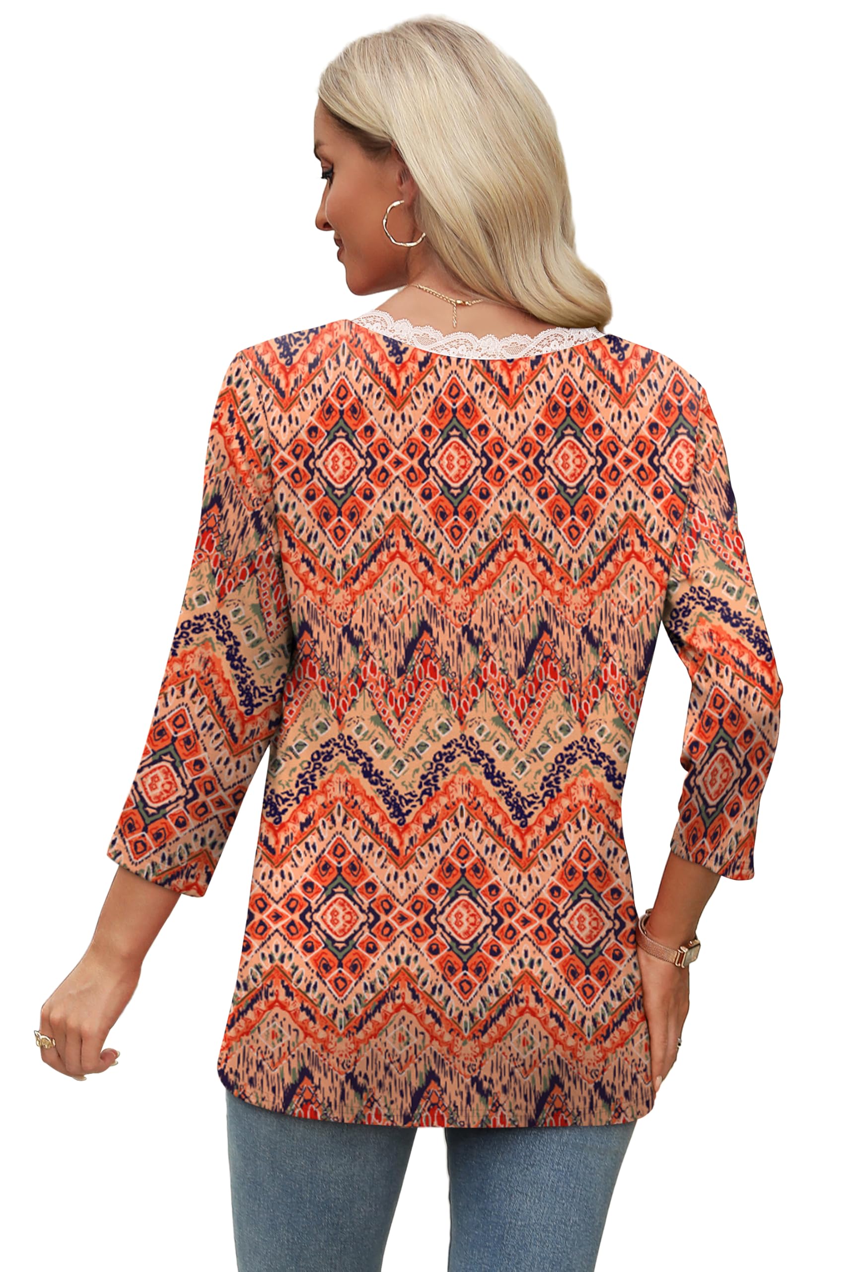 WIHOLL 3/4 Length Sleeve Womens Tops Lace V Neck Tunic Tops Loose Fit Dressy Casual Shirts Blouses