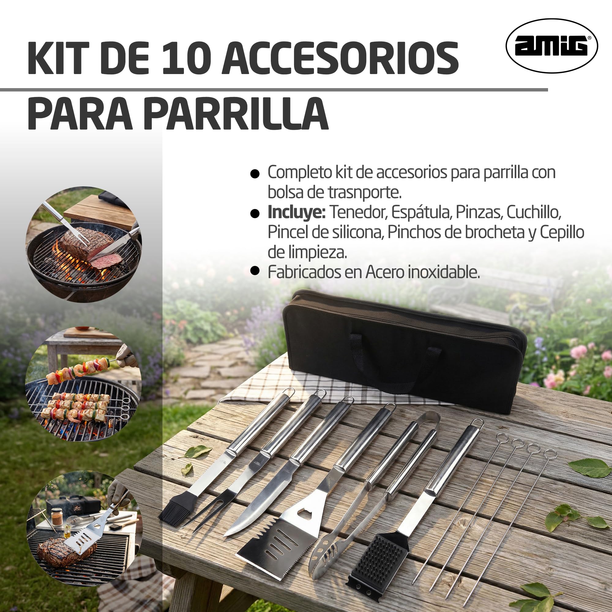 Amig - Kit 10 Accesorios para Barbacoa - Acero Inoxidable - Set Completo de Utensilios - Accesorios Prácticos y Presentación Cuidada para Regalo - Mod. AM03