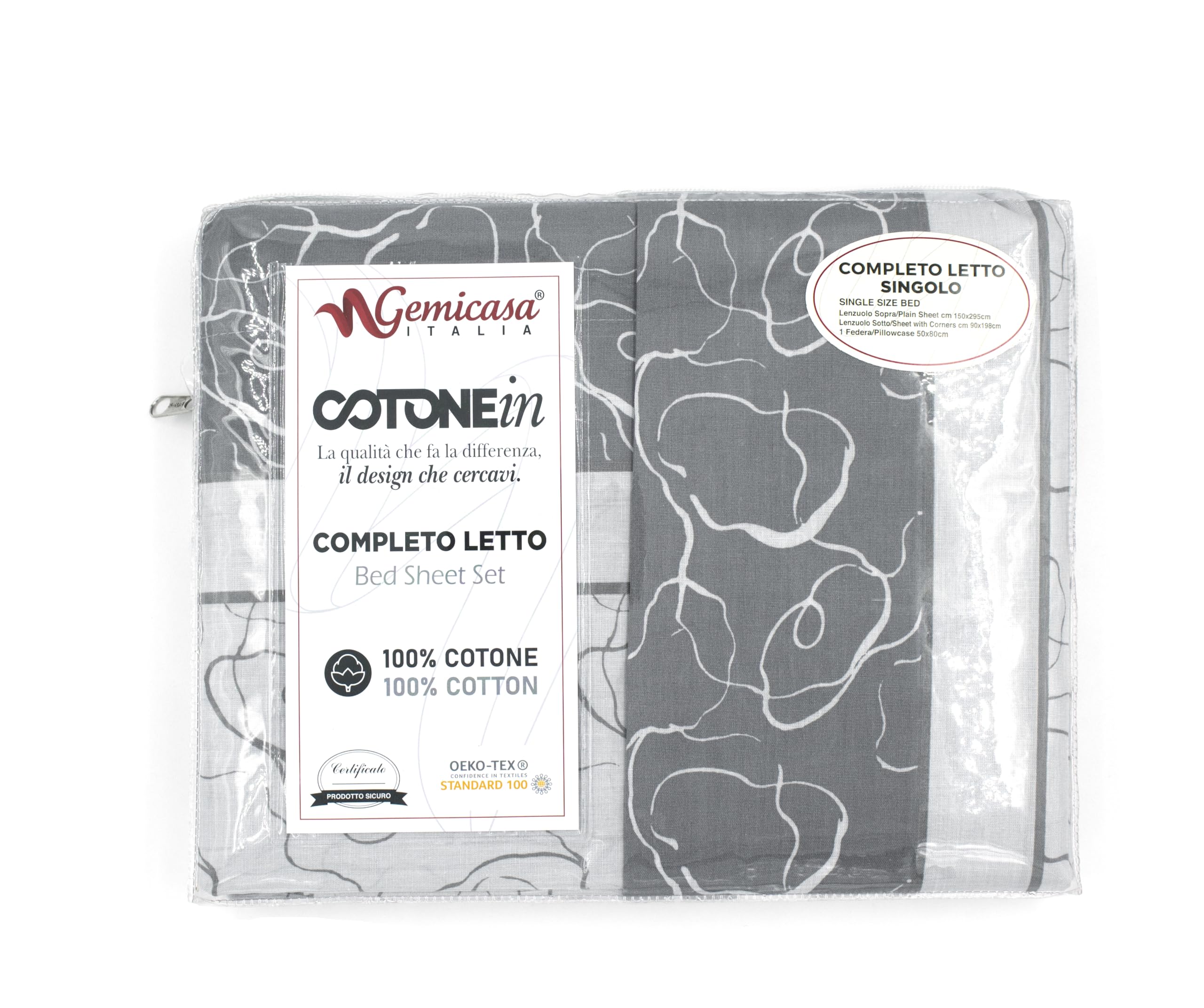 GEMITEX Completo Letto Cotone In, 100% COTONE, Traspirante, Privo di Sostanze Nocive, Qualità Certificata STANDARD 100 by OEKO-TEX Fiducia nel Tessile, SINGOLO, G26/GRIGIO, Designed in Italy