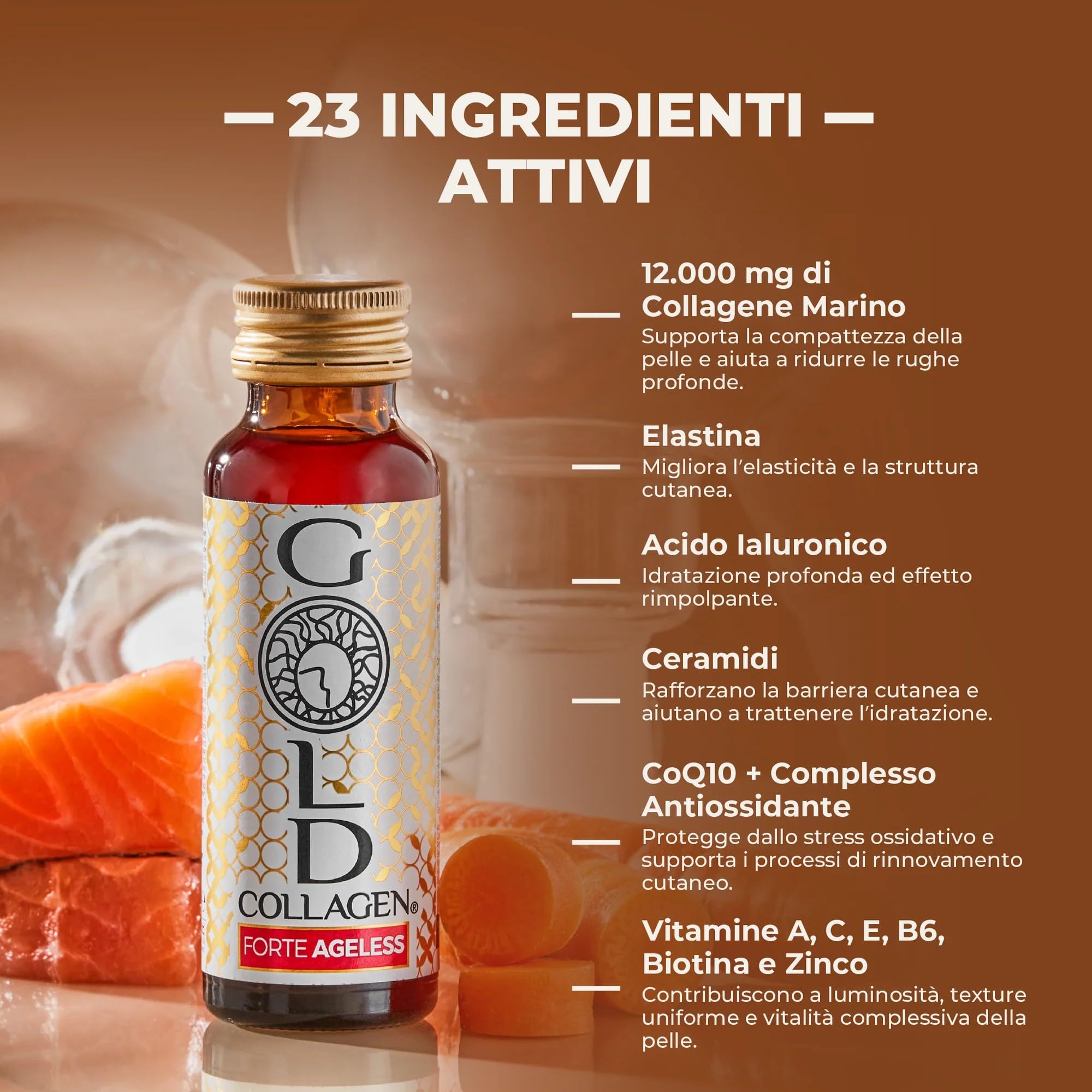 GOLD COLLAGEN Forte Ageless - Collagene Integratore Antirughe Antiossidante Riduce Linee Sottili con Biotina Crescita Capelli, Vitamina C, Collagene Marino con Acido Ialuronico Plumper, 10x50 ml