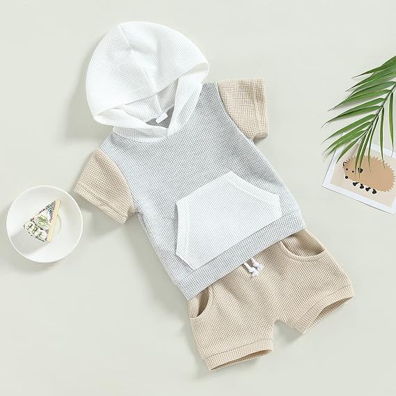 Kayotuas Toddler Baby Boy Summer Clothes Cute Short Sleeve Hooded Tshirt Top and Casual Shorts Set Infant 2 Piece Outfits