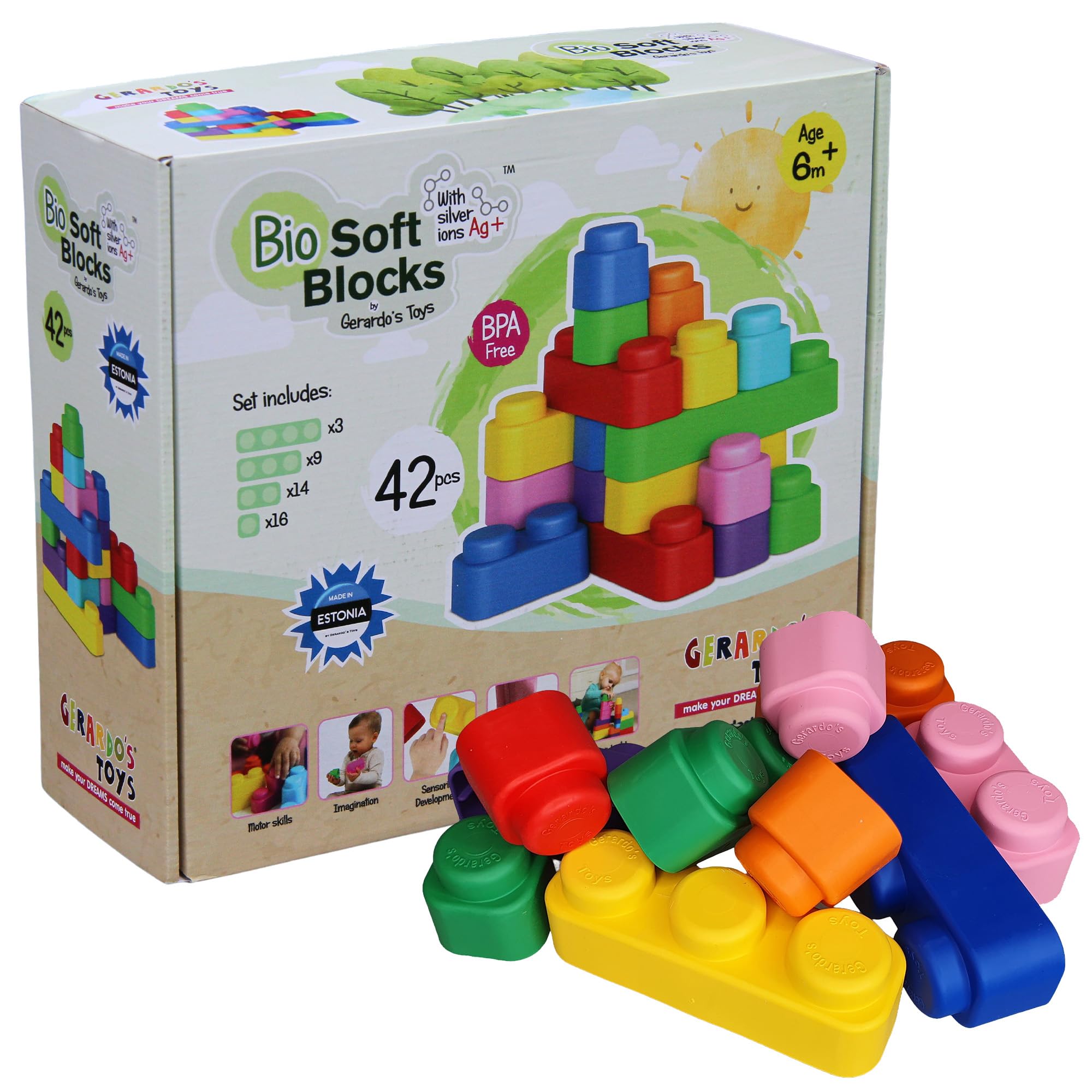 GERARDO'S Soft Play Montessori Toys for 1 Year Old - Soft Blocks Building Blocks Set - Ideal Stacking Toys and 1st Birthday Presents - Safe and Fun Soft Play Set for Toddlers - BPA Free (Pack of 42)