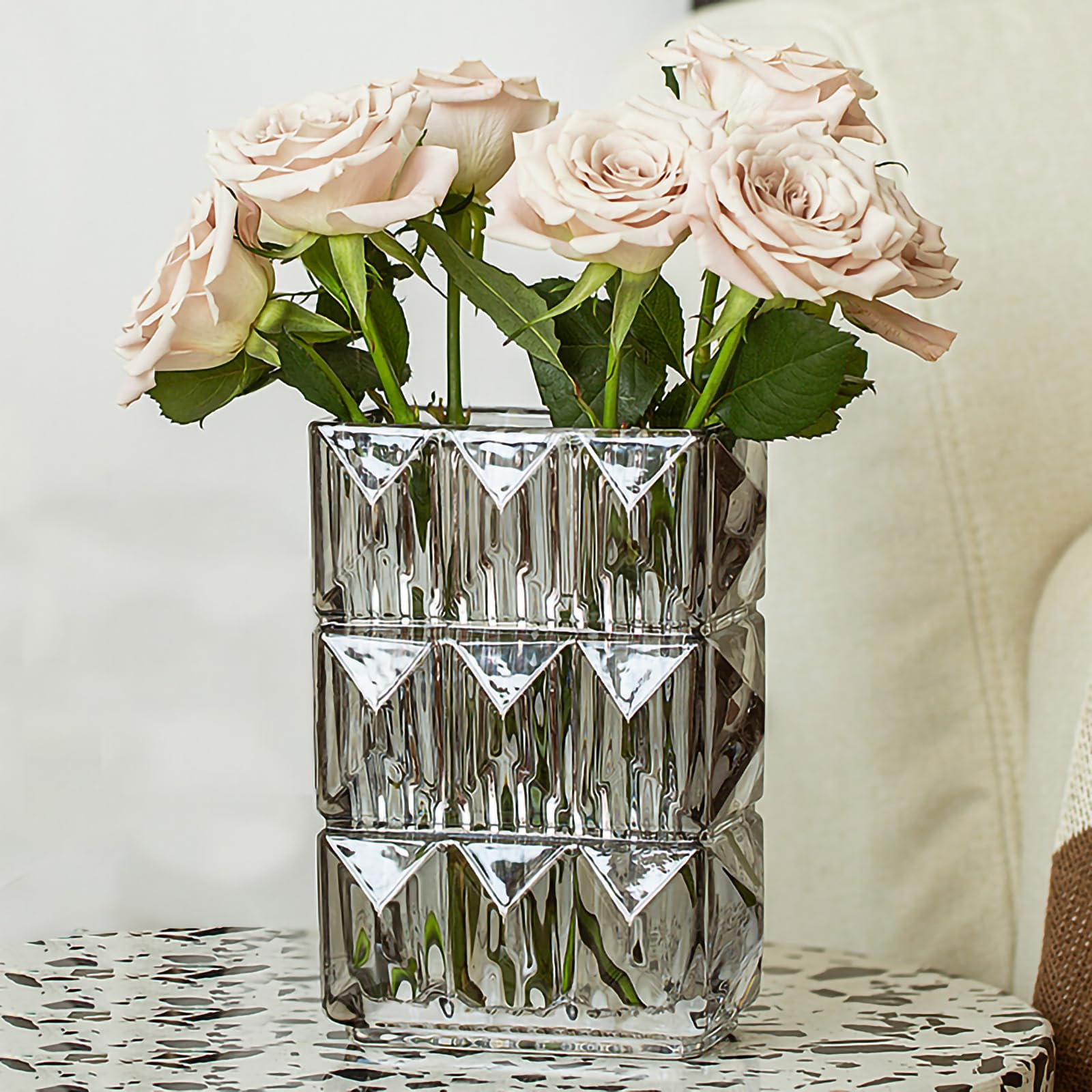 Photo 1 of DOOSARG Gray Crystal Glass Flower Vase, Geometric, 7.88 in