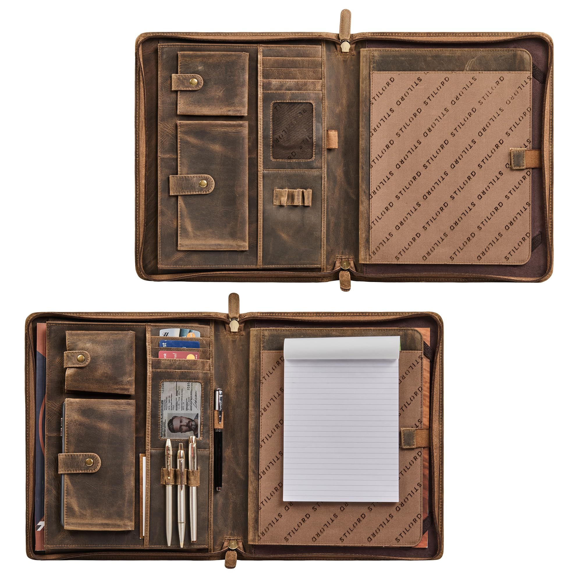 STILORD Wesley Elegante Dokumentenmappe Braun A4 Leder Konferenzmappe mit Reißverschluss - Große Ledermappe Echtleder Dokumententasche für Tablet 13 Zoll für Büro