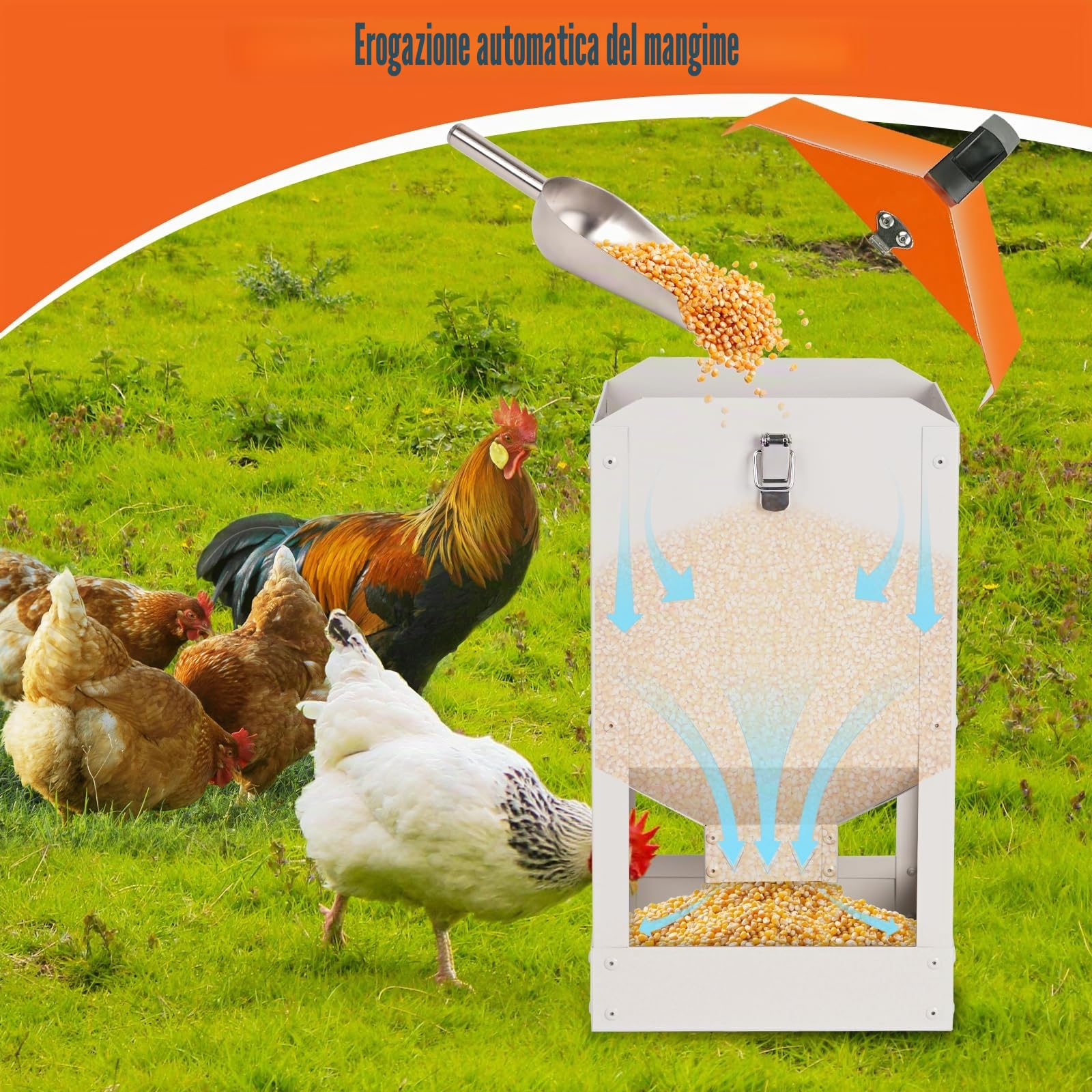 Mangiatoia Per Galline 8KG In Acciaio Galvanizzato, Distributore Automatico Con Impugnatura, Grande Mangiatoia Per Pollame Per Polli, Anatre, Uccelli