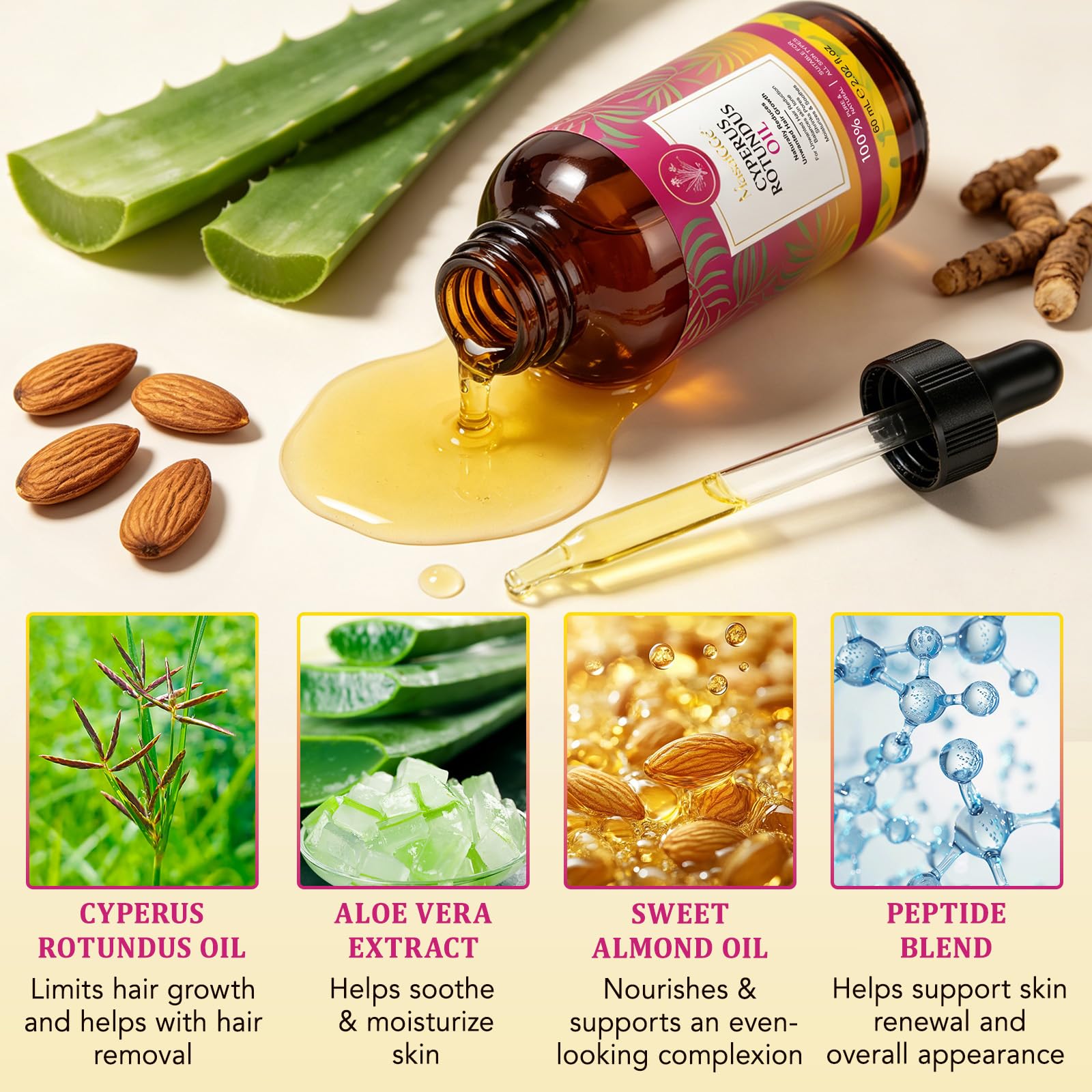 Cyperus Rotundus Oil - Olio naturale per il corpo per la depilazione, riduce la crescita dei peli del corpo, leviga la pelle, riduce i pori, delicato e delicato per tutti i tipi di pelle, 60 ml