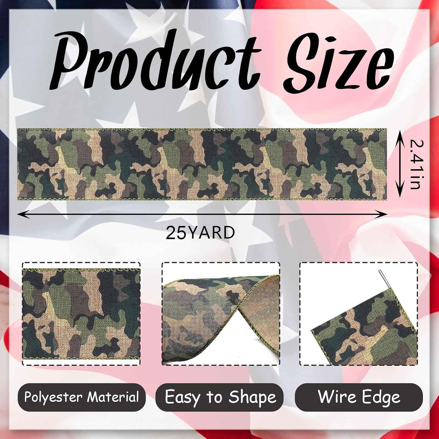 2.5 Inch x 25 Yards 4th of July Ribbon Camo Ribbon for Wrapping Wreath Bows Crafts Camouflage Wired Ribbons Patriotic Army Ribbons for Independence Day 250th Anniversary Decoration