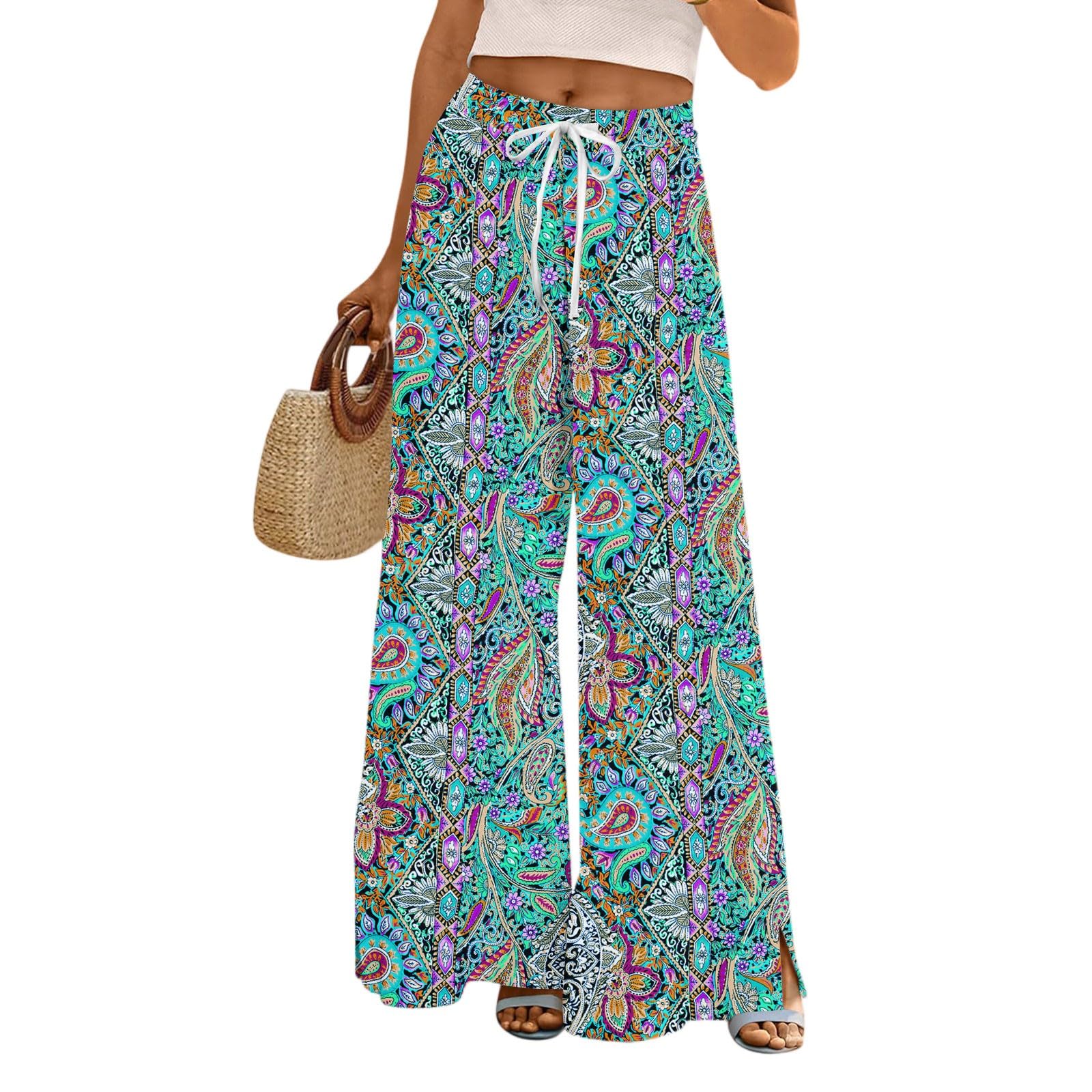 Wide Leg Floral Pants for Women Casual High Waisted Lounge Pants Drawstring Loose Fit Gauze Boho Pant Beach
