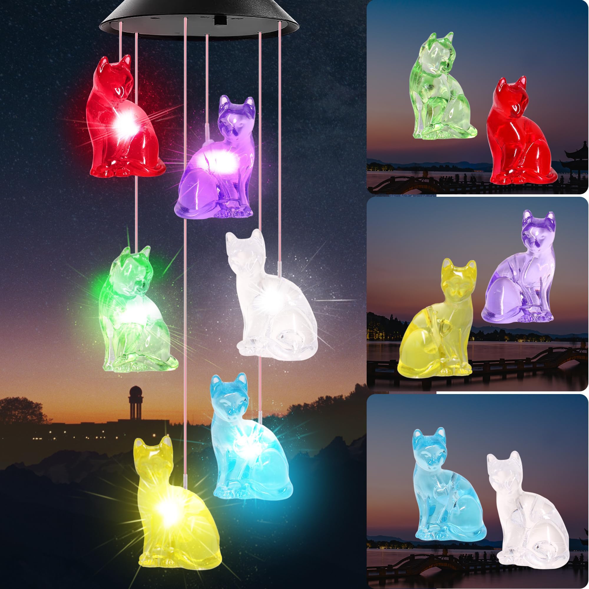 Cat Wind Chimes HiSolar Cat Solar Wind Chime Color Changing Outdoor Gifts fo Mom Grandma Friends Birthday Gifts for Mom, Grandma Gift, Gardening Memorial Wind Chimes