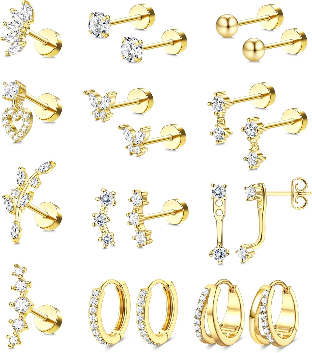 BESTEEL Hypoallergenic Flat Back Earrings Set - 14K Gold Plated Cartilage Earrings for Women Surgical Steel Flatback Stud Hoop Earring Stacks for Helix Tragus Conch Piercing Jewelry (Singles & Pairs)