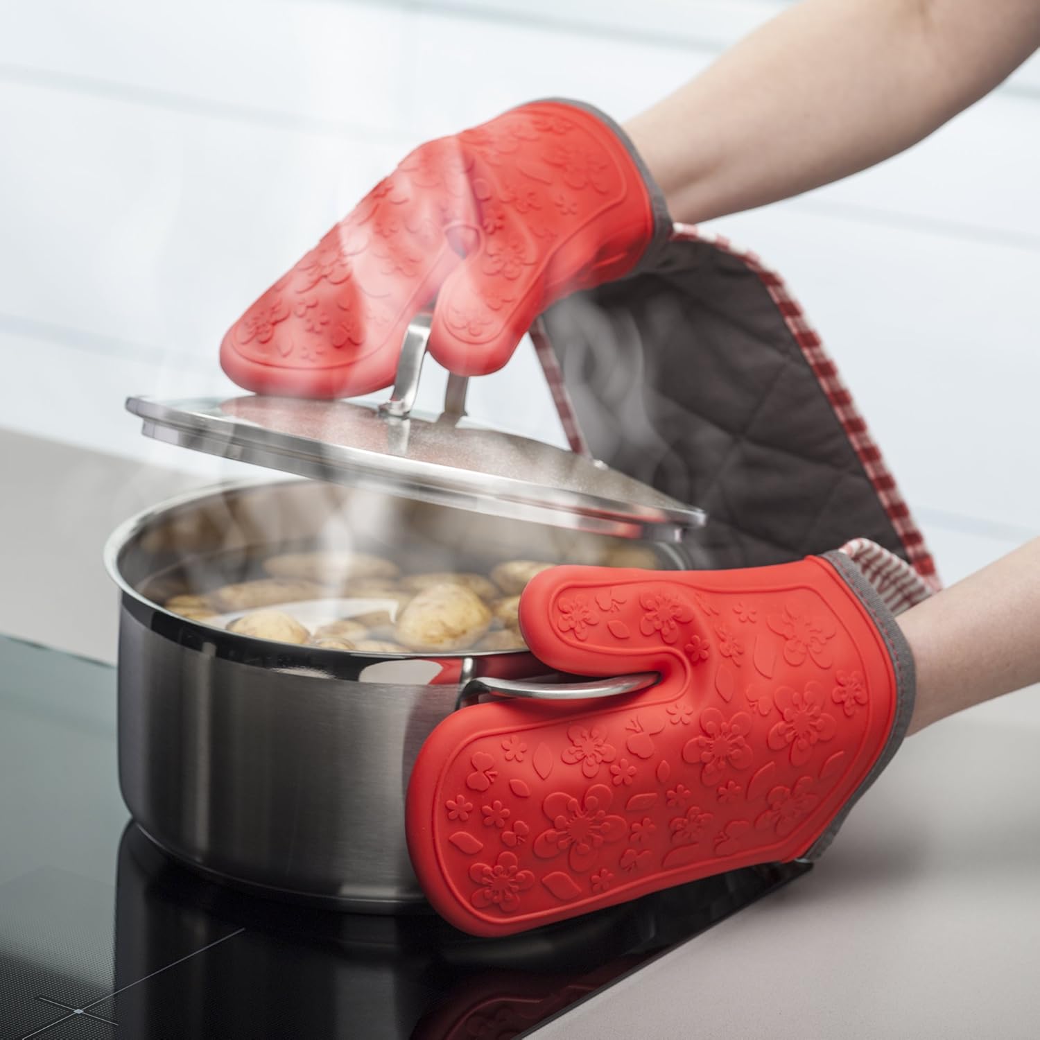 Zeal Silicone Heavy Duty Double Oven Gloves Mitts, Red (94 cm Long) Gingham BigaMart