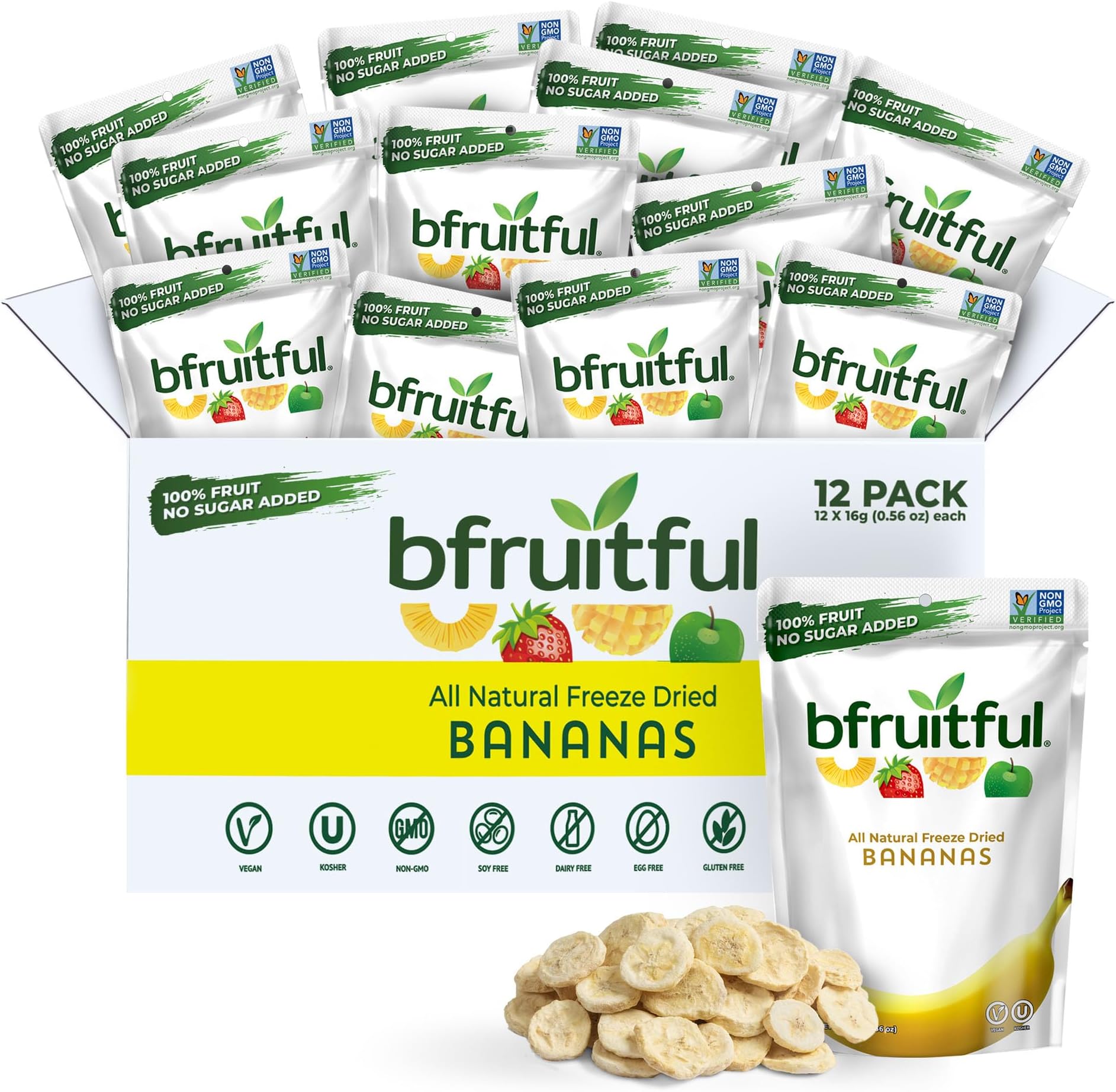 bfruitful Freeze-Dried Banana, Freeze Dried Fresh Fruit Bites, Gluten Free, Vegan, Dairy Free, Kosher, No Sugar Added, Non GMO, Healthy Snacks for Kids or Adults, 0.56 oz Single-Serve Snack Packets, 12 Pack