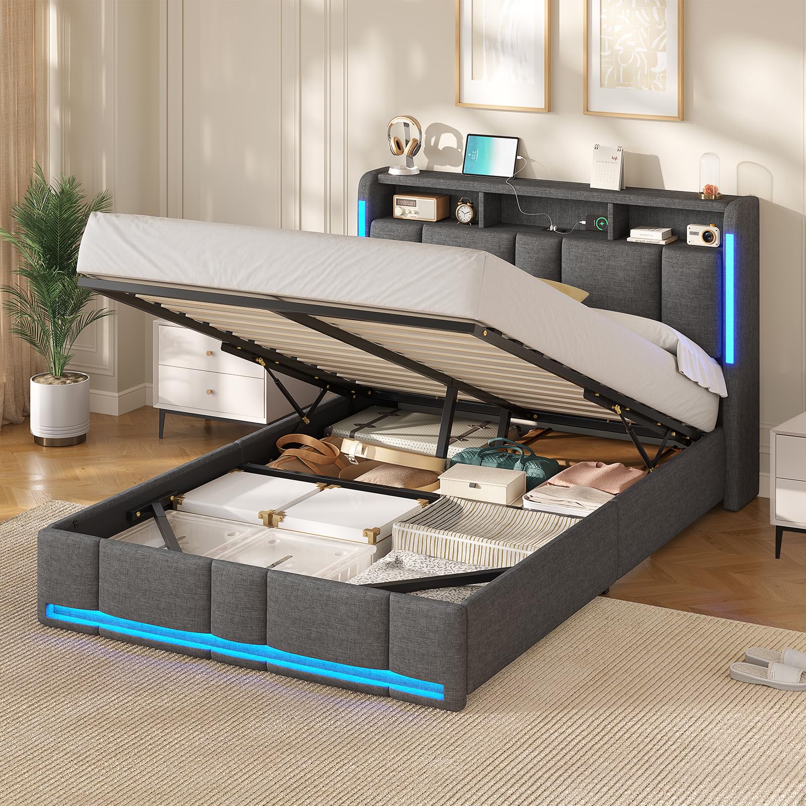 AOGLLATI Letto 140x190 cm con Sollevamento Idraulico, Letto Contenitore Matrimoniale con Illuminazione a LED e Stazione di Ricarica, Struttura Letto Matrimoniale con Testiera Imbottita, Grigio Scuro