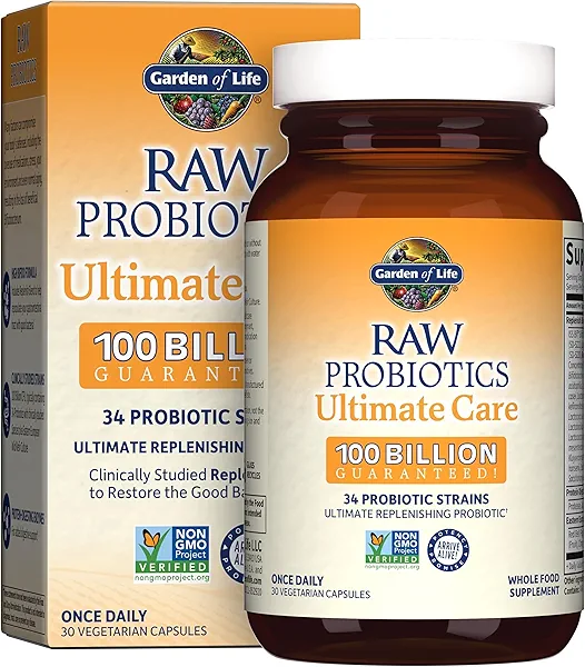 Garden of Life Probiotics for Women and Men Raw Probiotics Ultimate Care 100 Billion CFU Probiotic Supplement, Daily Probiotic for Adults with Digestive Enzymes, 30 Capsules Refrigerated