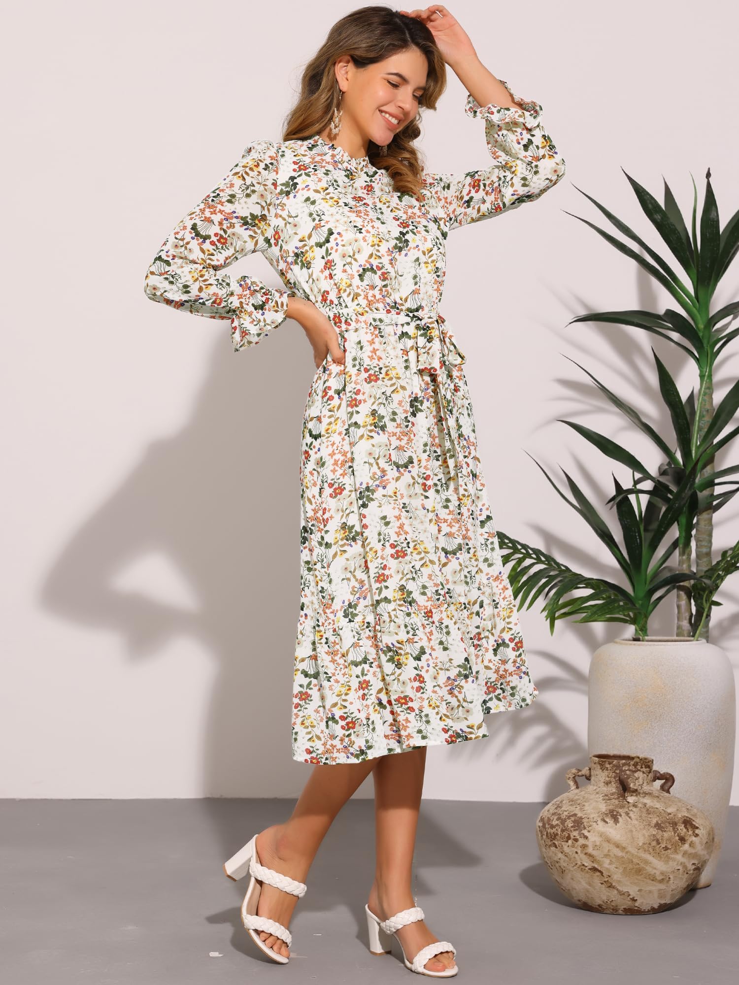 Allegra K Vestido floral casual de otoño para mujer, manga larga, cuello redondo, gasa, vestido midi con volantes para fiesta de té