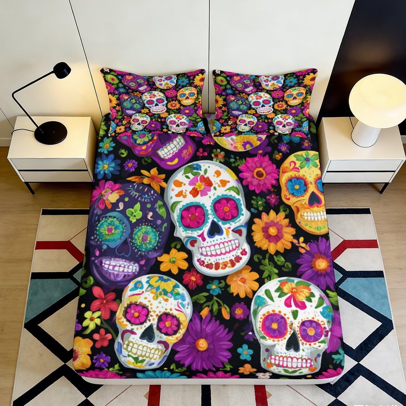 3D Printed Colorful Sugar Skull Fitted Sheet Microfiber Soft Breathable Floral Pattern Bed Cover for Bedroom Dorm Dormitory Guest Room Mattress Protection 120x200x25cm