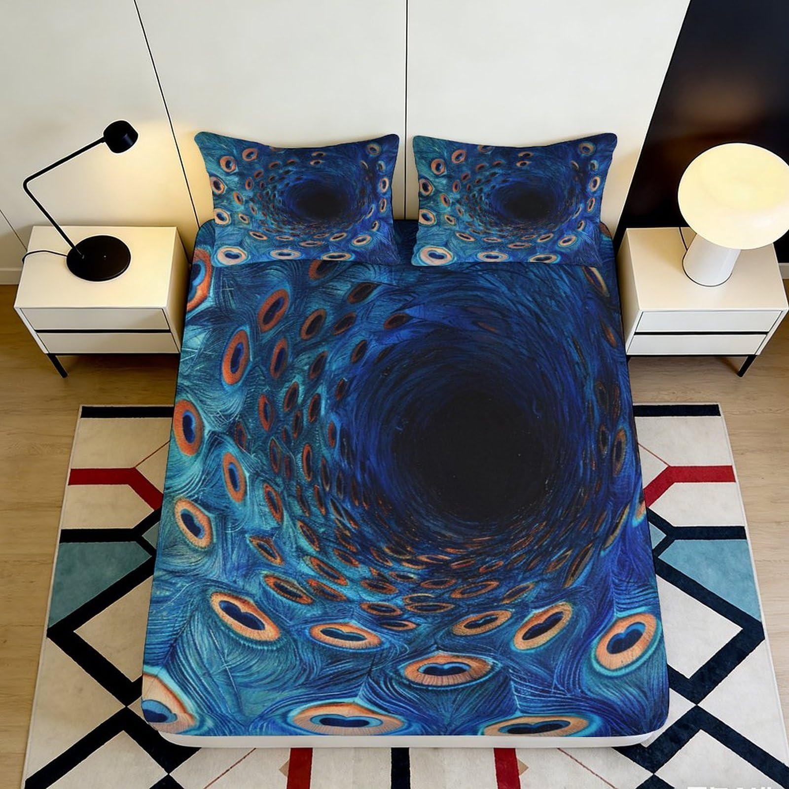 3D Printed Blue Peacock Feather Fitted Sheet Microfiber Soft Breathable Vortex Pattern Mattress Cover for Bedroom Dormitory Guest Room Protection 160x200x25cm