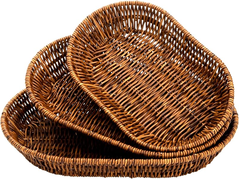 Set of 3 Wicker Baskets, Bread Baskets Sets, Tabletop Food Serving Baskets Trays, Handwoven Storage Basket Bin, Fruit Vegetables Sundries Storage Basket for Home, Restaurant, Bakery