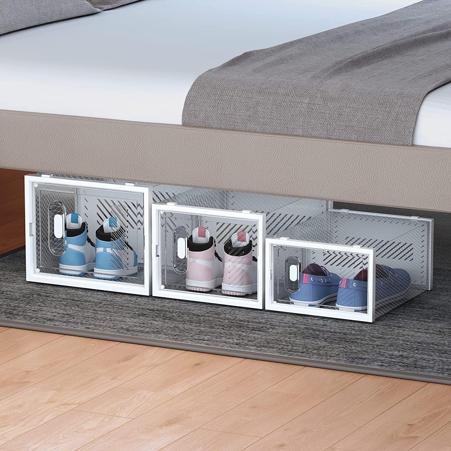 Large Clear Stackable Shoe Storage Boxes - Plastic Sneaker Containers, Shoe Rack Substitute, Toy Organizer Bins for Entryway, Closet, Under Bed (White - 18 Pcs, 8.3x11x14.2 in)