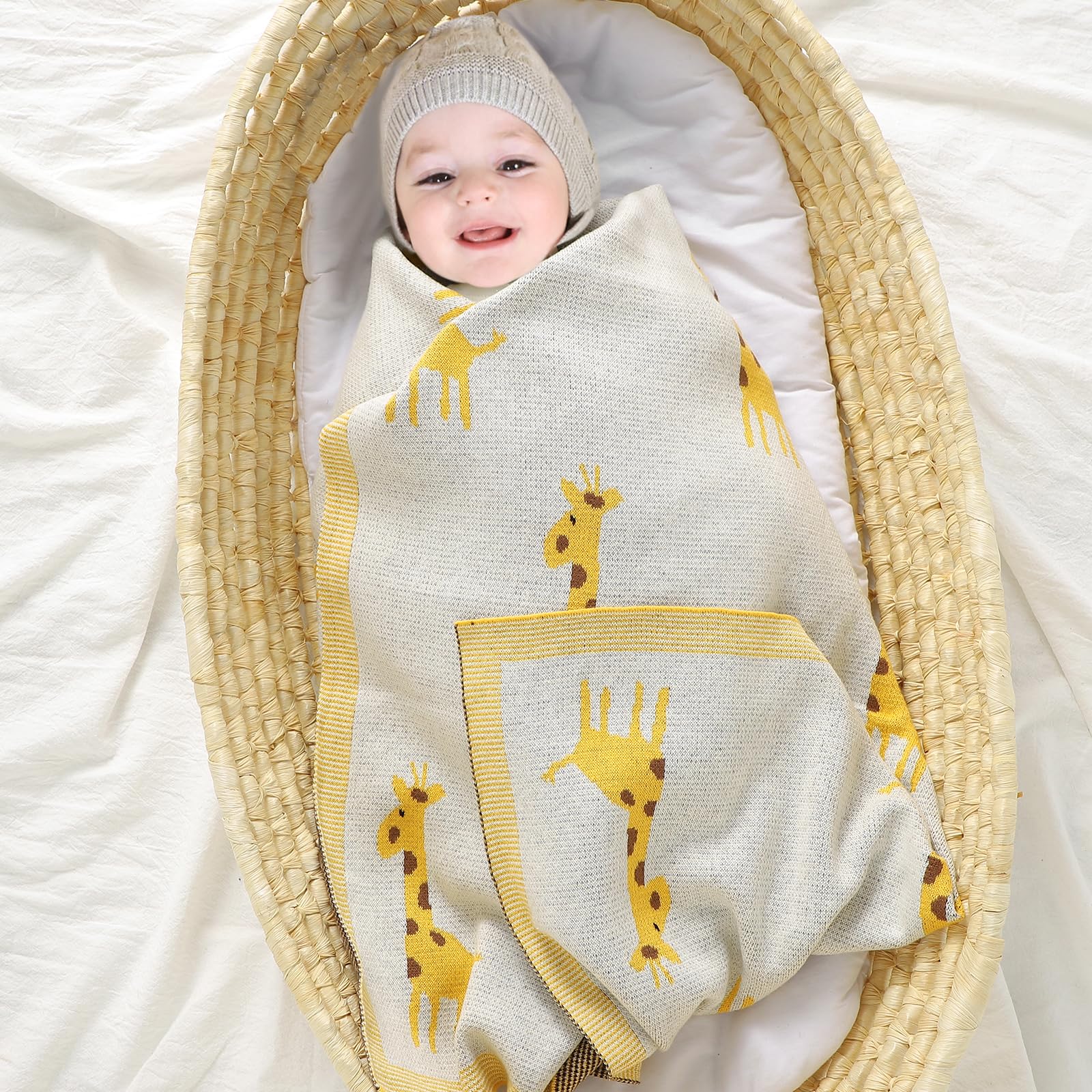 mimixiong Soft 100% Pure Organic Cotton Knitted Newborn Baby Blanket, Swaddle Blanket, Giraffe Ivory (80 x 100cm) - Image 2
