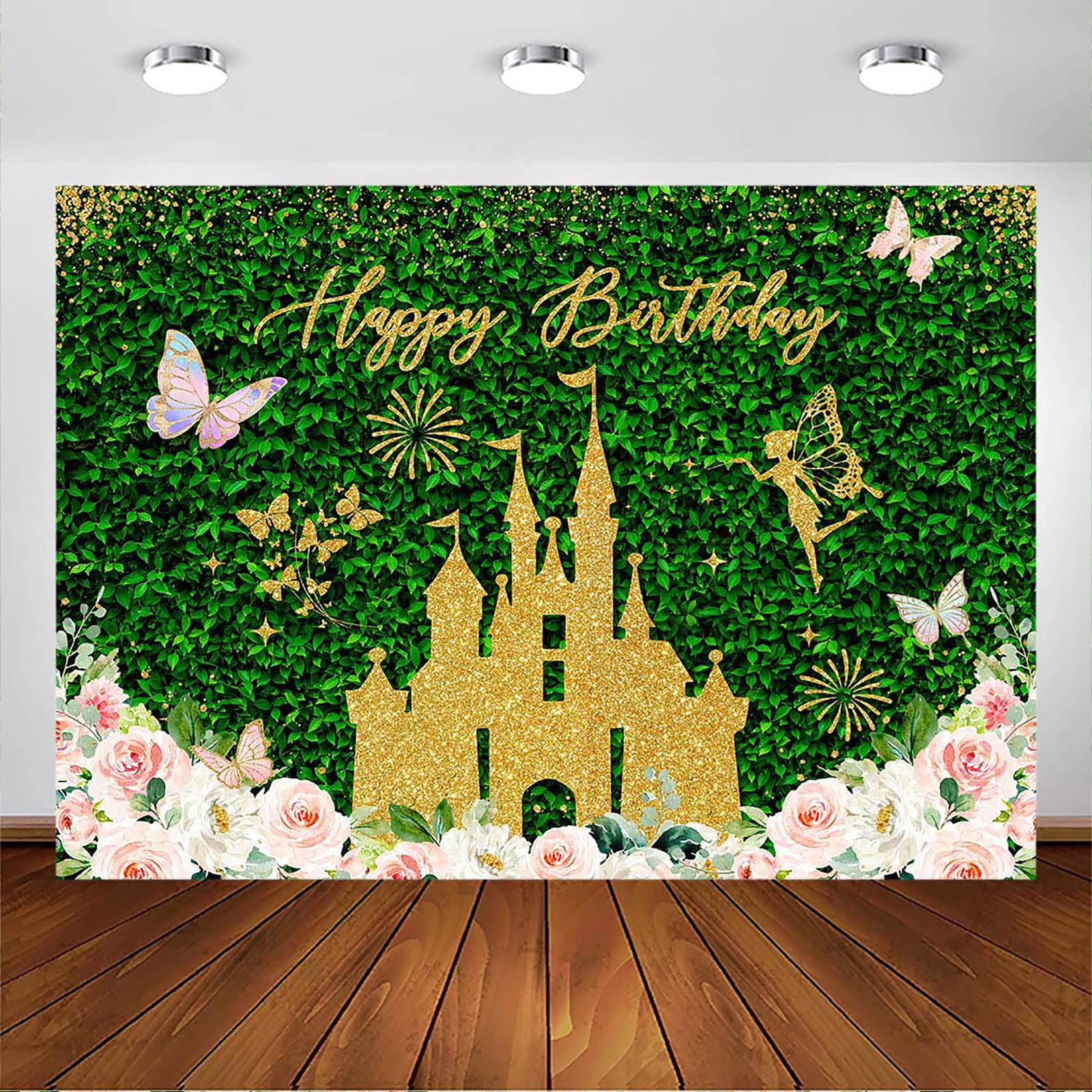 Avezano Zieleń tło urodzinowe złoty zamek różowy kwiatowy Happy Birthday Party dekoracje zielone liście motyl kobiety dziewczyny urodziny sesja zdjęciowa tło baner materiały (3 x 2,1 m)