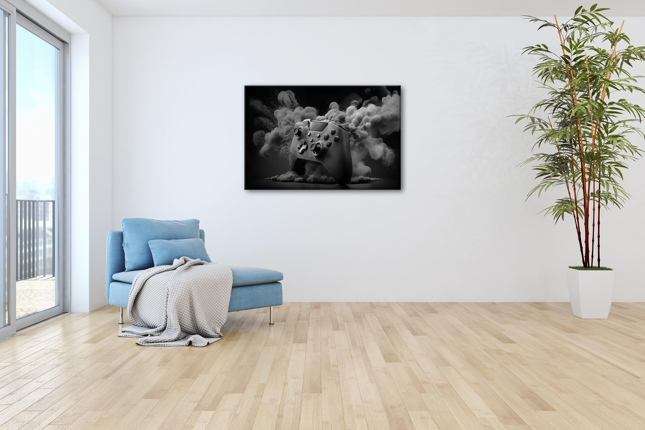 Leinwandbild Gaming trifft Farbe – Controller als Kunst in Bewegung. Format: 100x70cm Effekt:Schwarz&Weiß XXL Kunstdruck Bild auf Keilrahmen/Wandbild/Wohnzimmer Dekoration