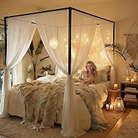 YITAHOME Queen Canopy Bed Frame Metal 4 Poster 14 Inch Platform Built-in Headboard No Box Spring Black