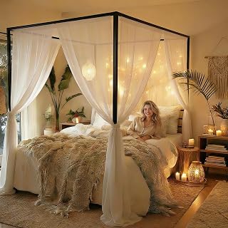 YITAHOME Queen Canopy Bed Frame Metal 4 Poster 14 Inch Platform Built-in Headboard No Box Spring Black