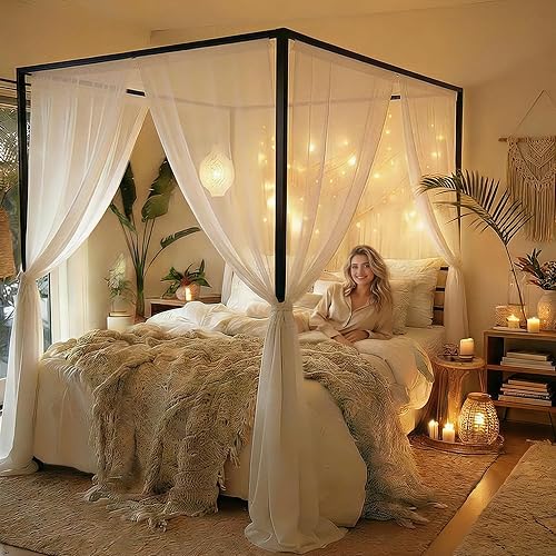 YITAHOME Canopy Bed Frame Metal Four Posters 14 Inch Platform with Built-in Headboard Strong Metal Slat Mattress Support, No Box Spring Needed, Black, Queen Size