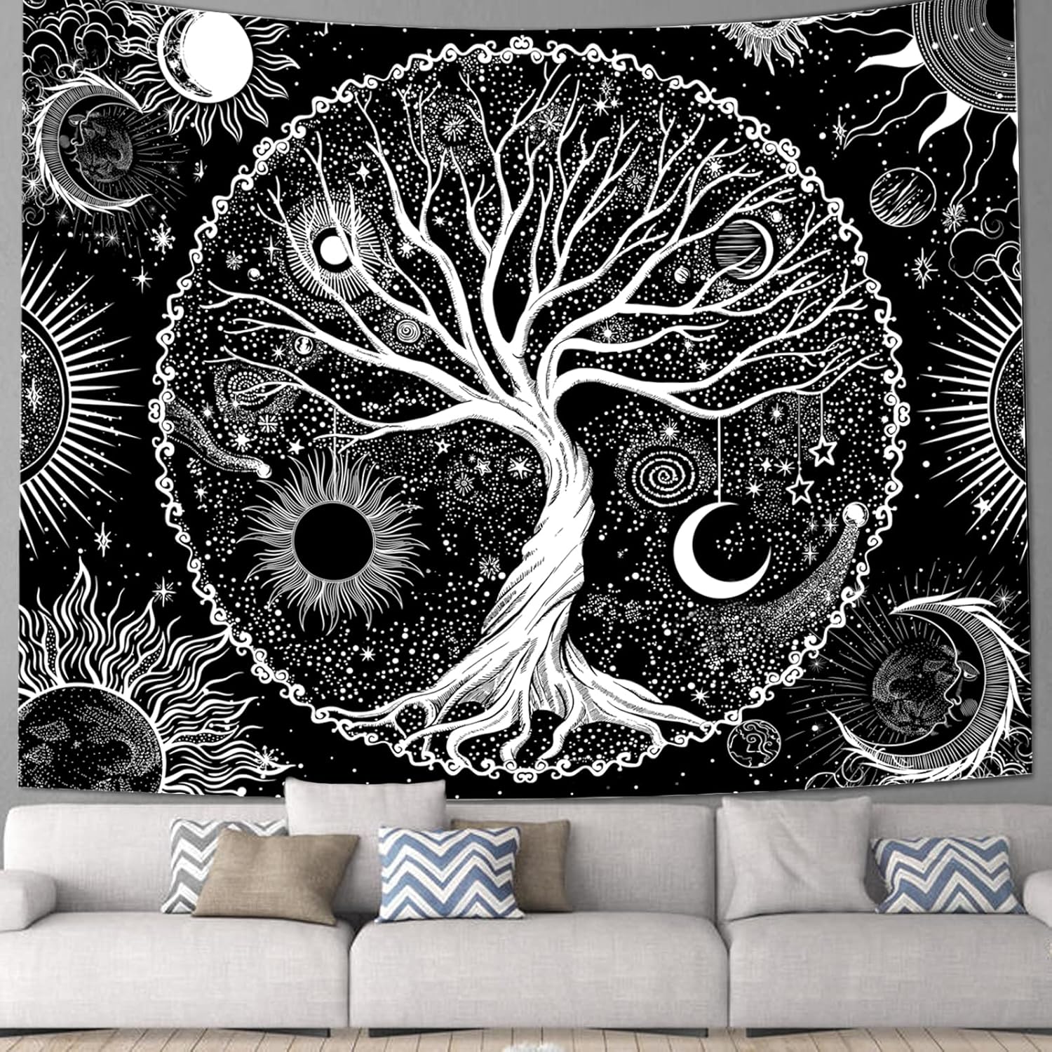 Tree of Life Tapestry for Bedroom, Large Black and White
