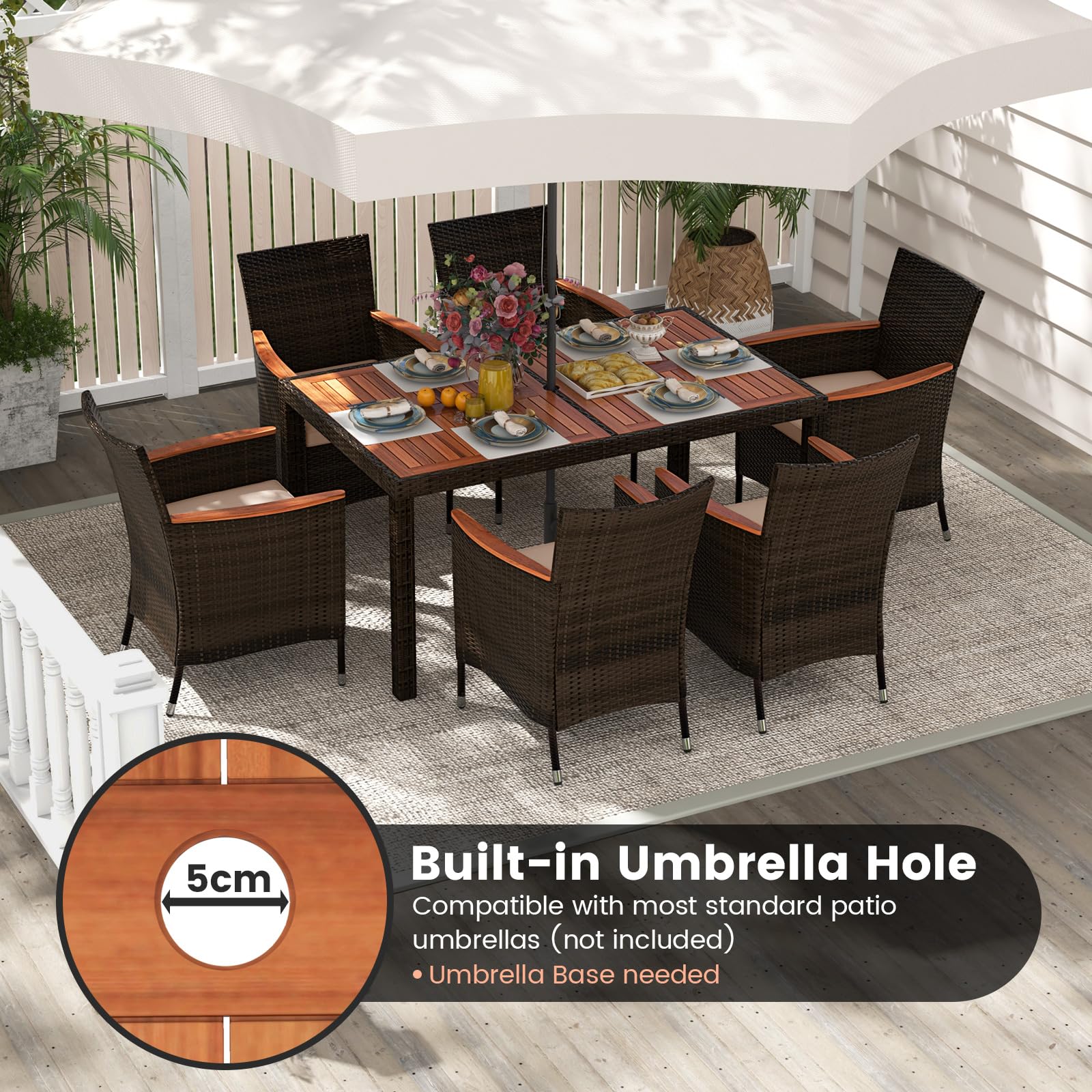 COSTWAY 7PCS/9PCS Garden Rattan Furniture Set, Patio Dining Table and Chairs Set with Acacia Wood Top, Stackable Chairs and Cushions, Outdoor Dining Wicker Conservatory Set for Balcony Lawn (7-Piece) — view 3