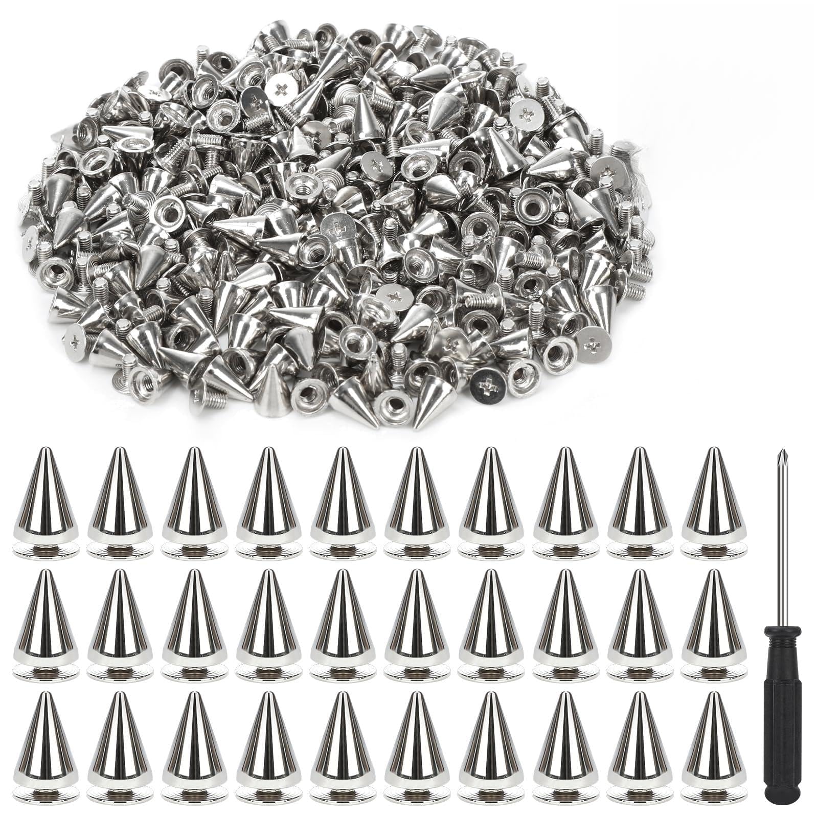 200 Pcs Cone Spikes Studs, 7x10mm, Metal, Colorfast, with Screwdriver