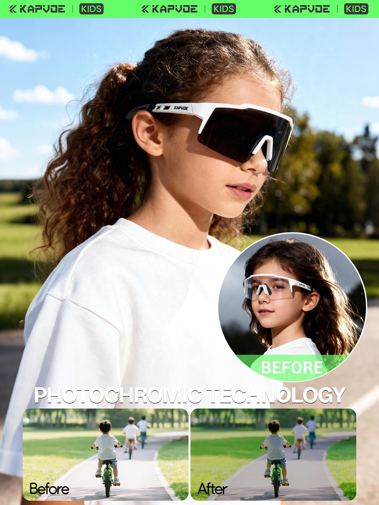 KAPVOE Gafas Para Niños - Fotocromáticas & Polarizadas Gafas de Ciclismo Juvenil Tenis Béisbol Softball Montura TR90 K9028