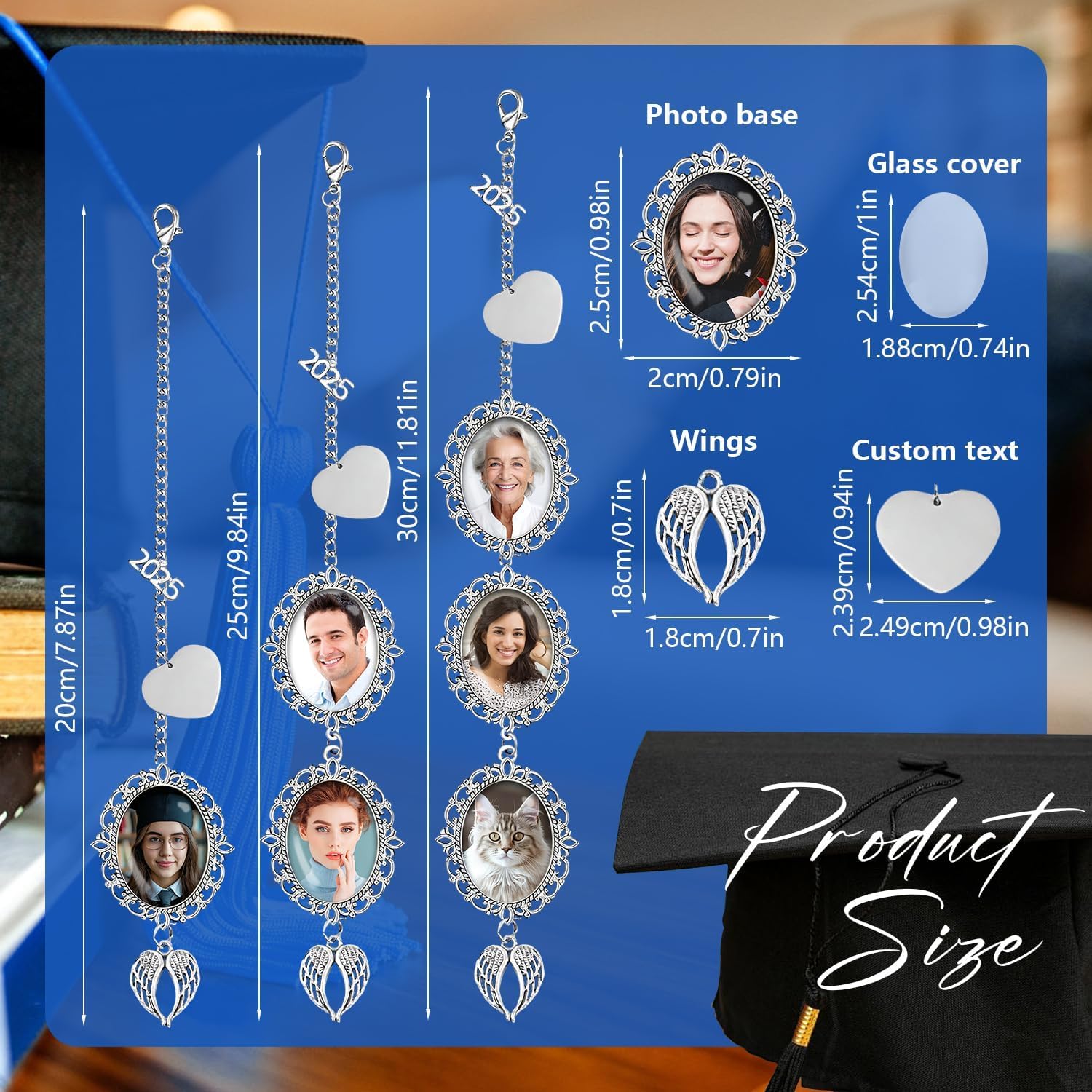 Graduation Tassel Photo Charm with Angel Wings, Memorial Tassel for Graduate 2025, Gifts for Personalized Graduation Cap Decorations, Hold 1 Photo