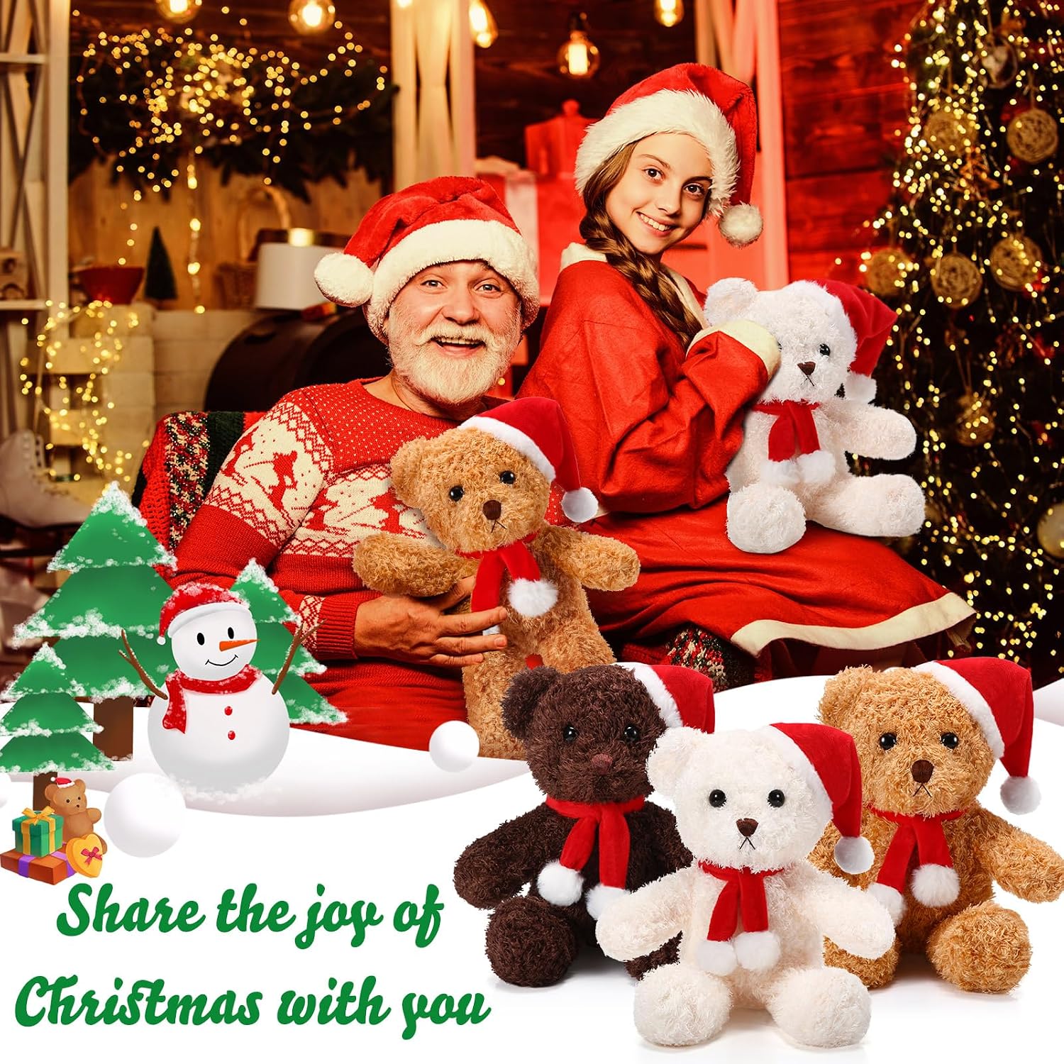 Shappy 6 Pack Christmas Bear Stuffed Animals Bulk Soft Bear Plush Toys 12 Inches Cute Bears Bulk with Santa Hat and Scarf for Kids Girls Boys Birthday Party(Beige, Brown, Dark Brown)