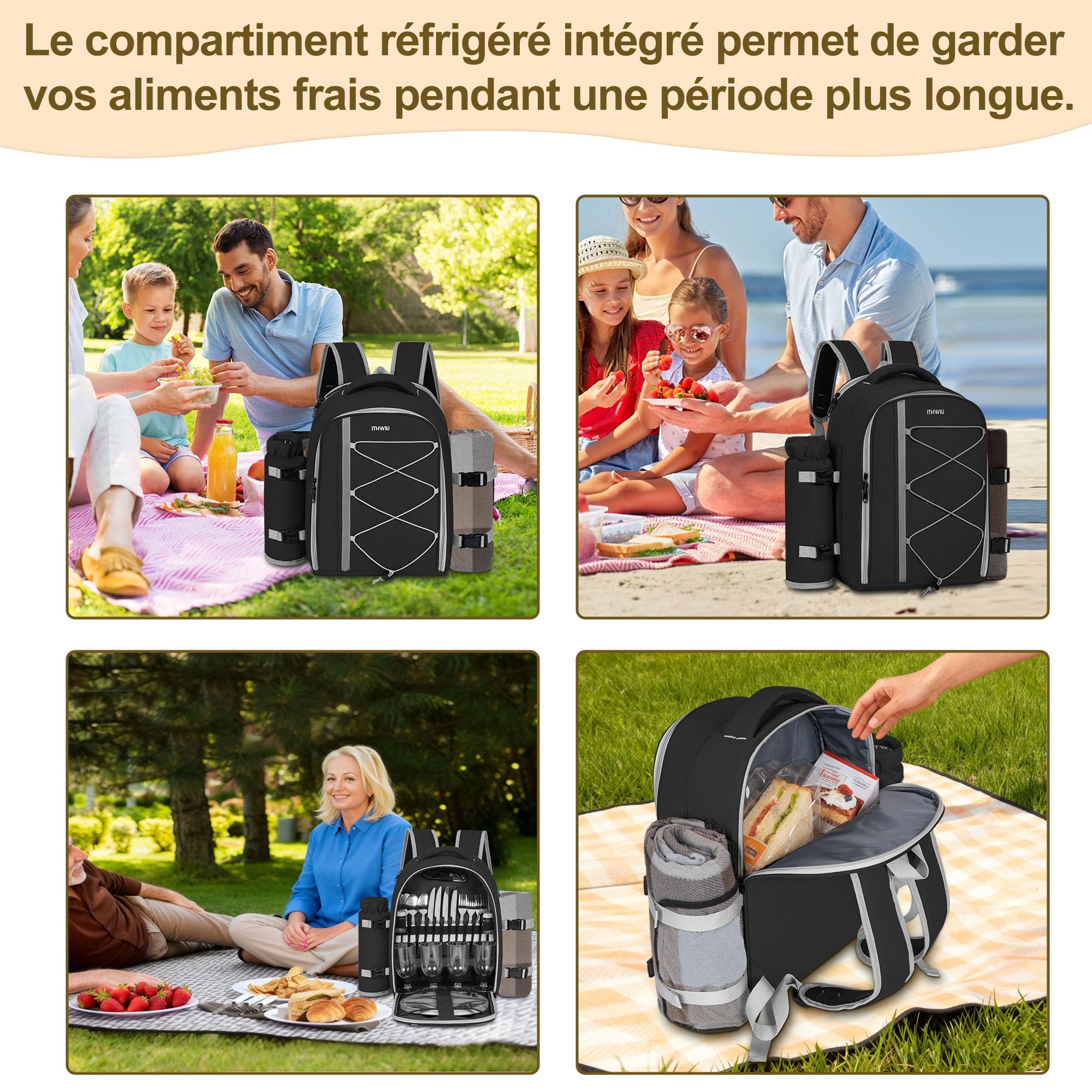 Sac à Dos de Pique-Nique pour 4 Personnes avec Compartiment Réfrigérants Isolés et Étanches, 30 Pièces Sac de Pique-Nique avec Ensemble et Couverture, pour Plage, Camping, Randonnée (Noir)