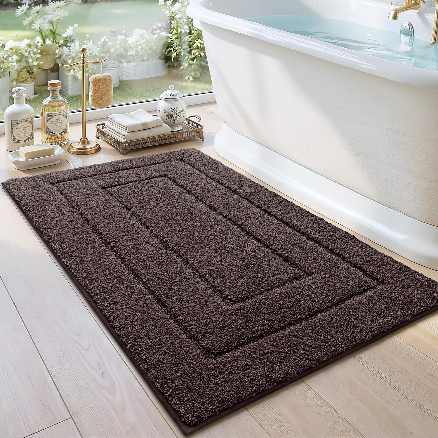 Photo 1 of DEXI Bathroom Rug 43x24, Non Slip Washable Bath Mat for Shower Floor, Extra Large Absorbent Soft Bathmat with Rubber Backing, Quick Dry Microfiber Carpet, Brown