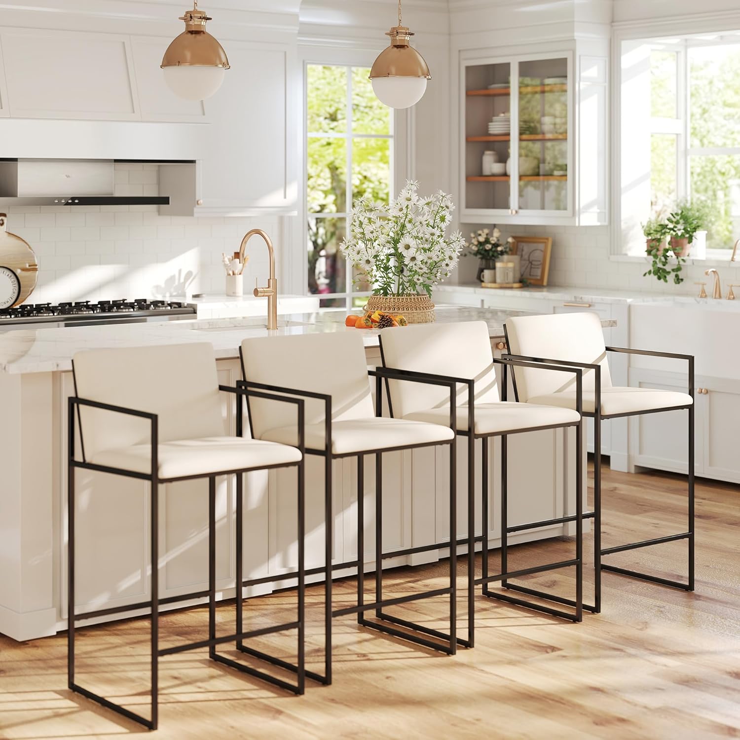 LIVINOVA Modern Counter Height Bar Stools Set of 4, 25.5 Inch Linen Upholstered Bar Stools with Back and Armrest, Counter Chairs Barstools for Kitchen Island, with Black Metal Frame, Cream